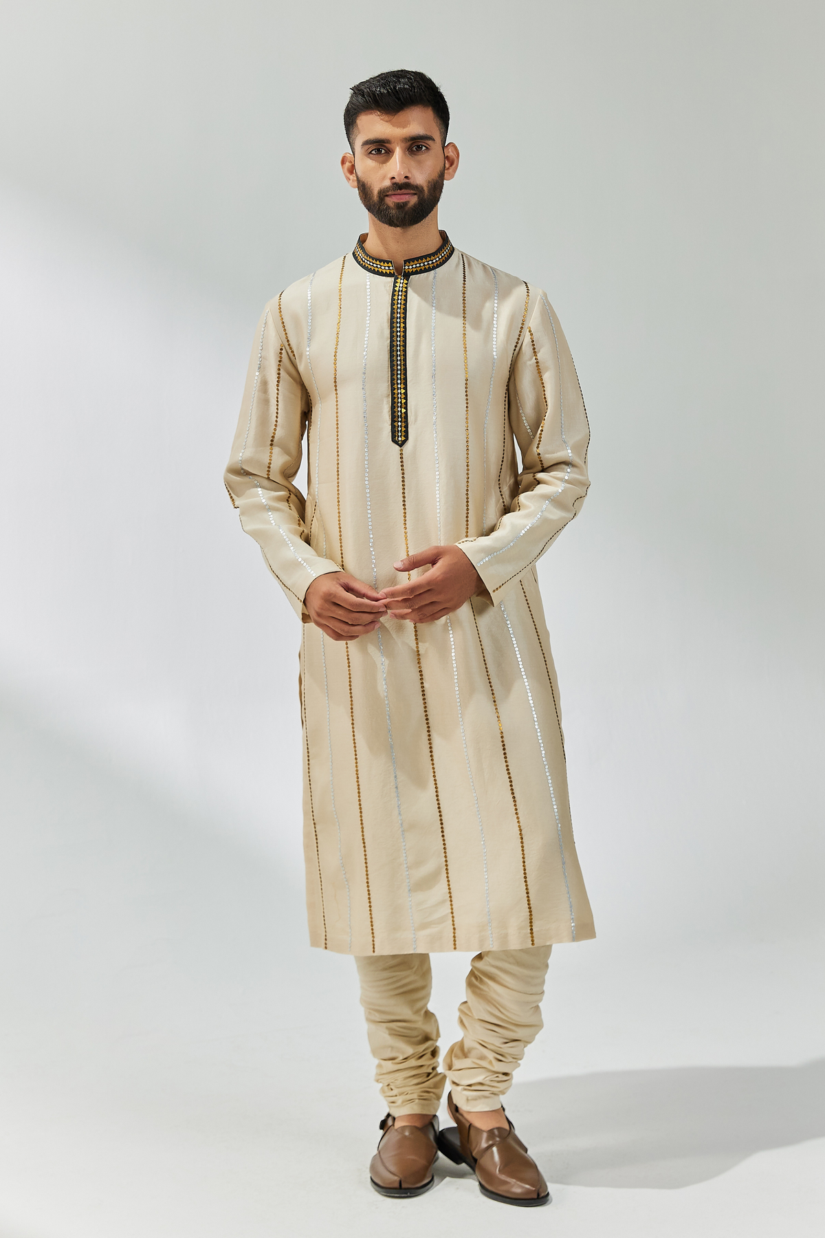 Beige and Black Embroidered Kurta Sets