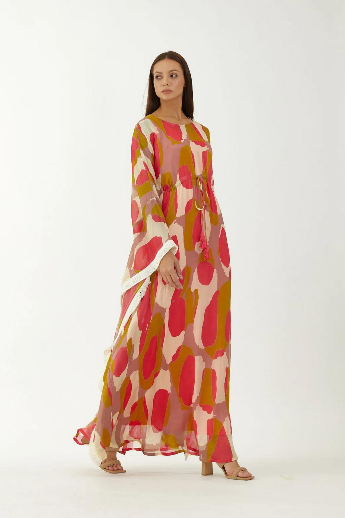 Mustard, Pink And Offwhite Abstract Kaftan