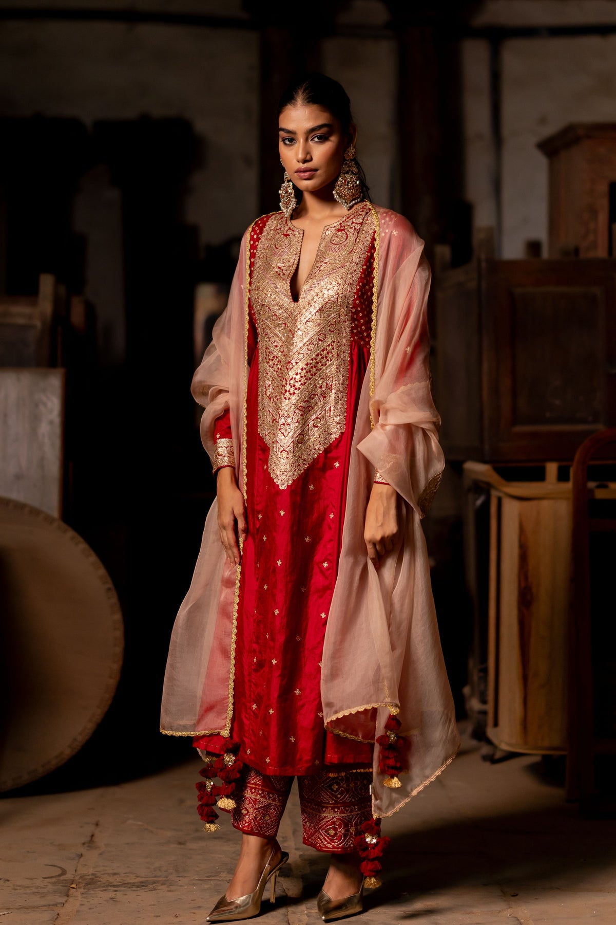 Red Anarkali With Broad Pants