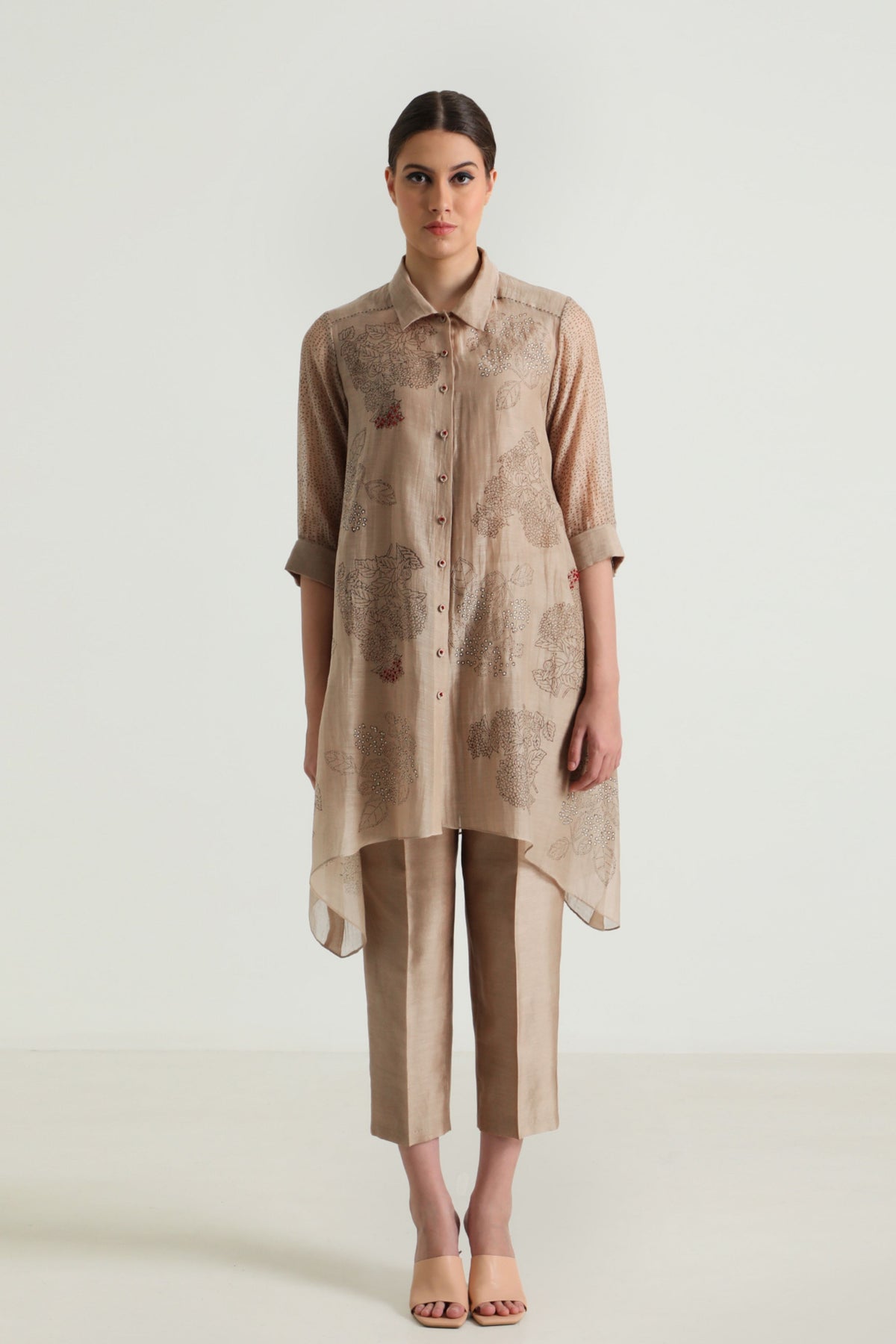 Beige  Embroidery Shirt and Pant Set