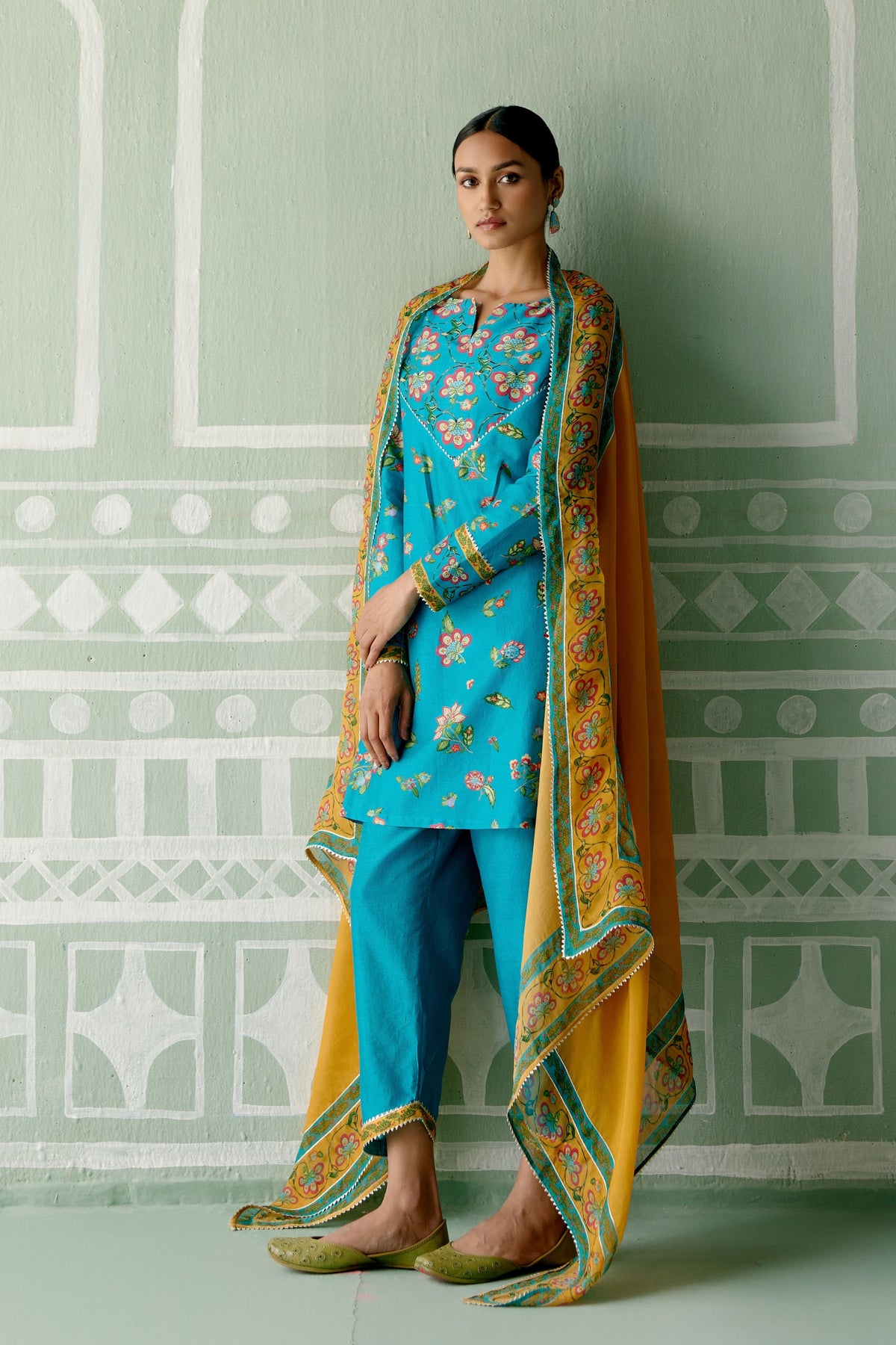 Turquoise &amp; Mustard Floral Kurta Set