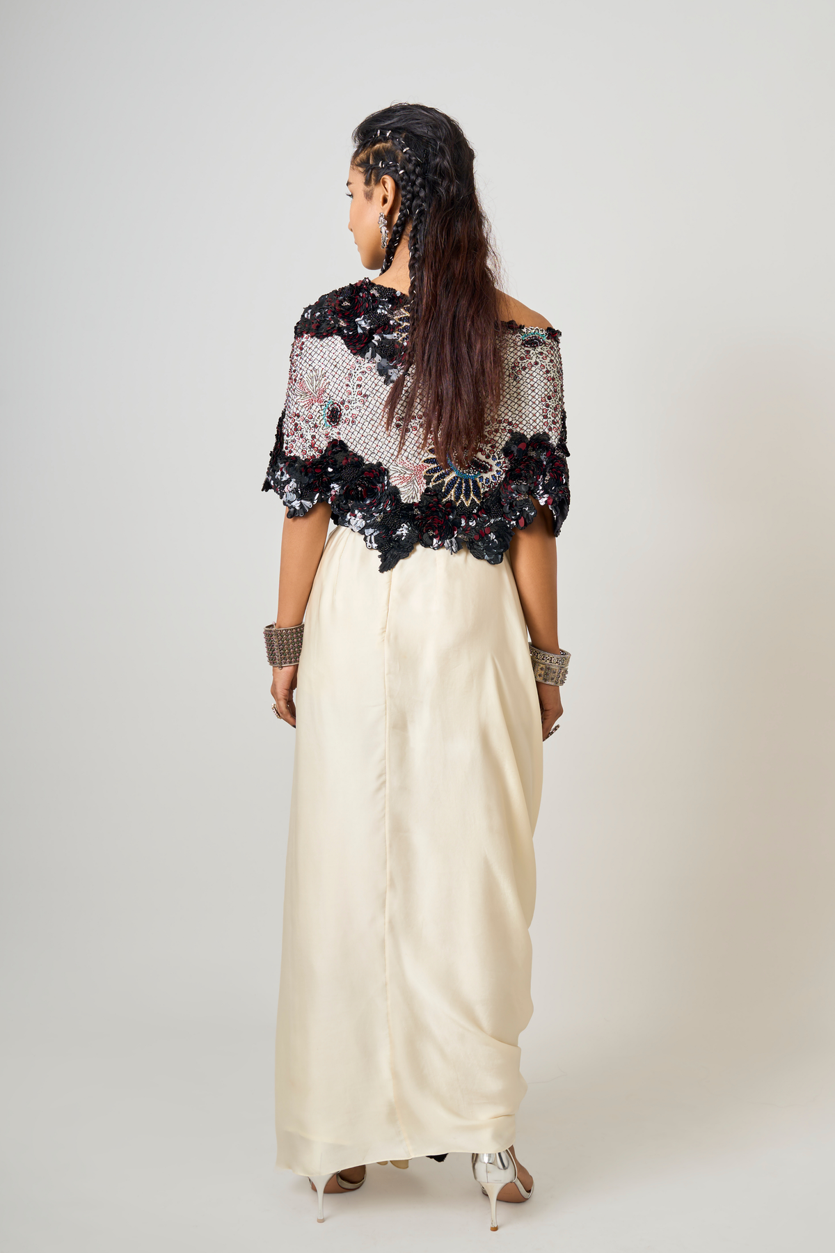 Off-shoulder Cape With Sari Skirt