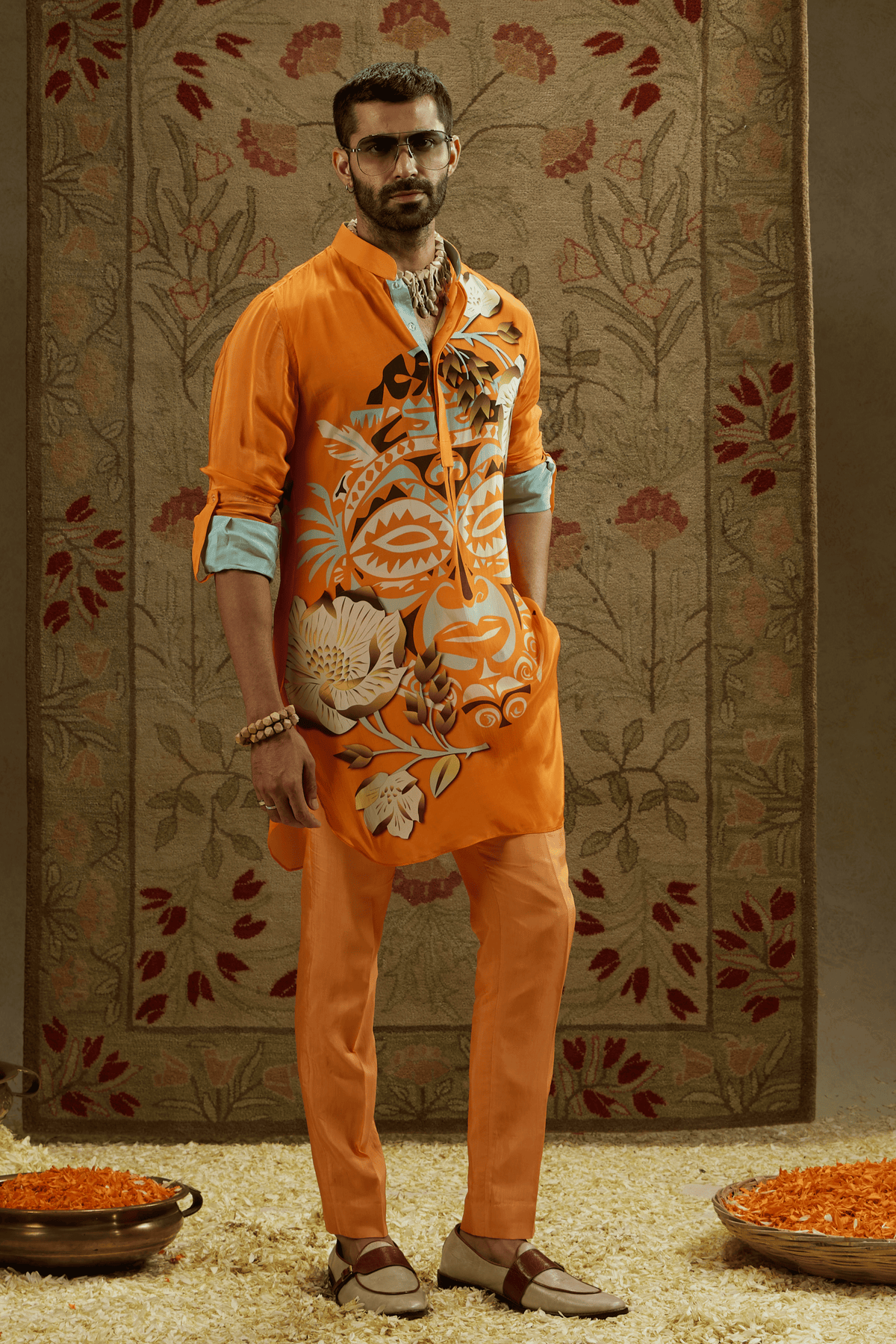 Orange Rolled up Sleeves Kurta