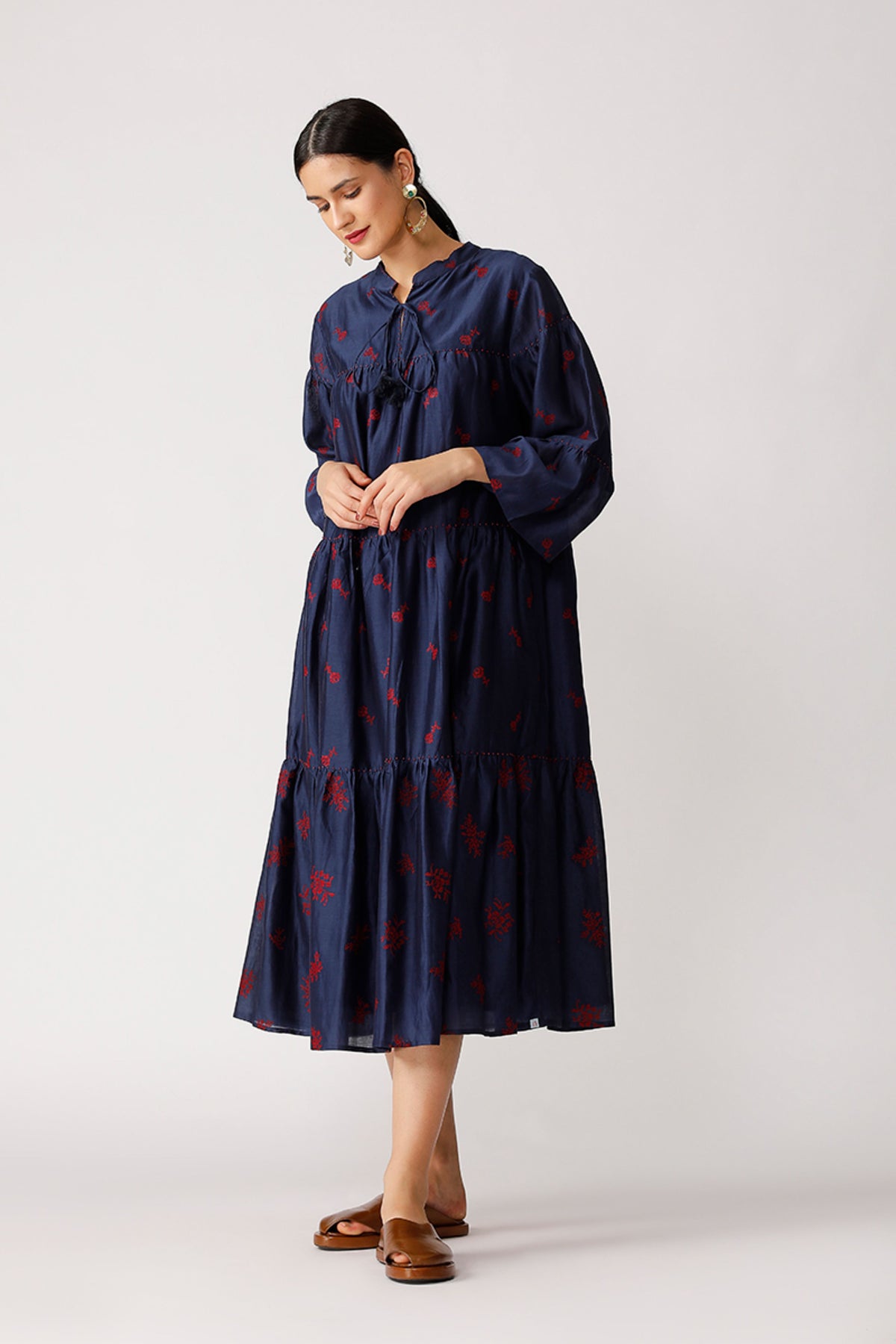 Navy Twister Embroidered Tiered Dress