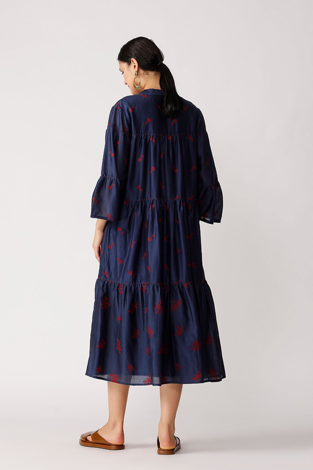 Navy Twister Embroidered Tiered Dress