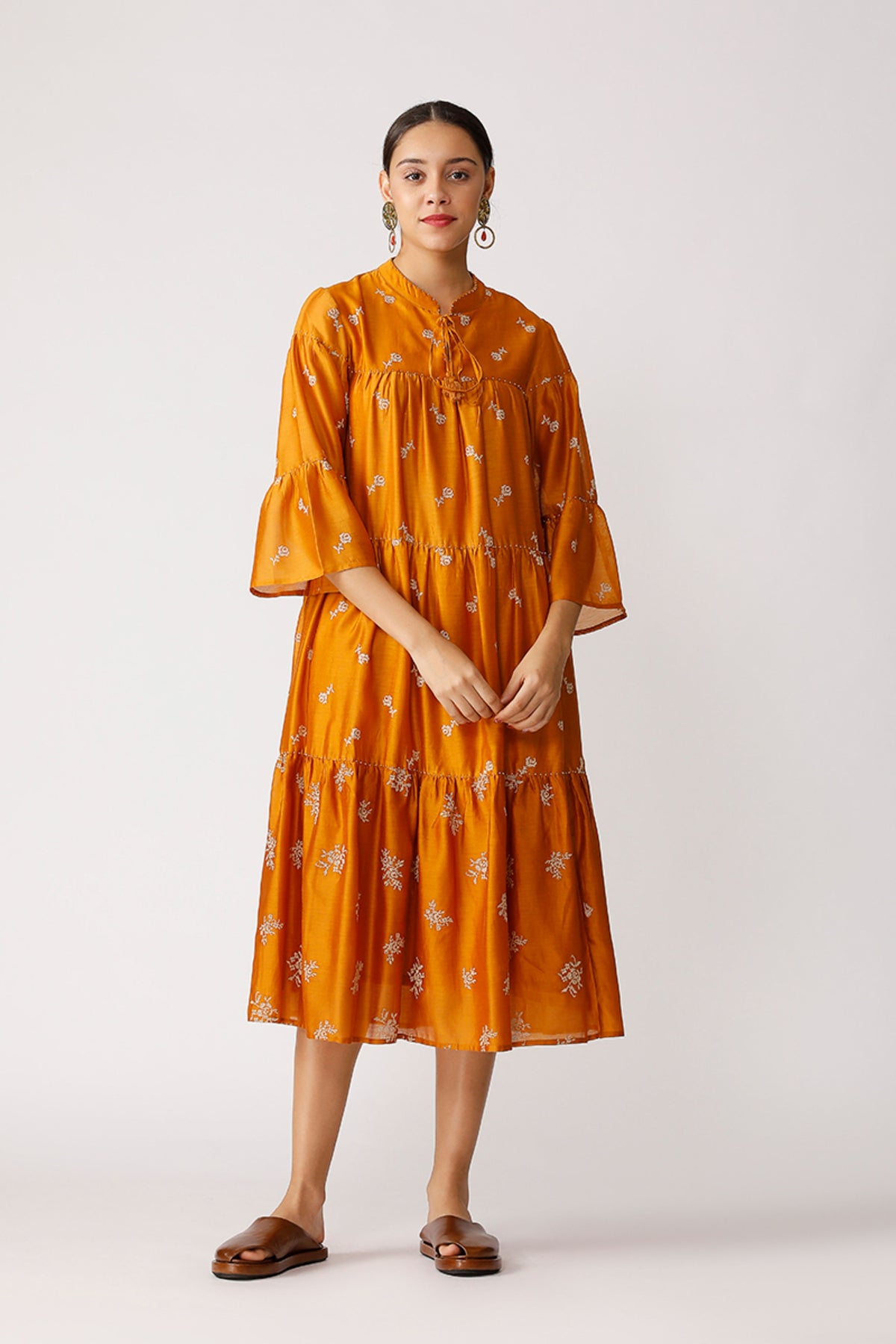 Mustard Twister Embroidered Tiered Dress