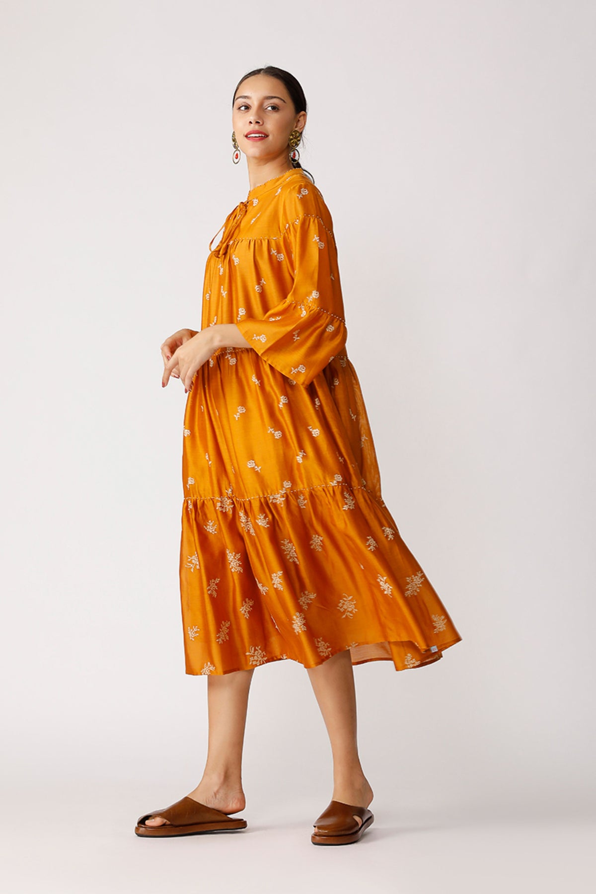 Mustard Twister Embroidered Tiered Dress