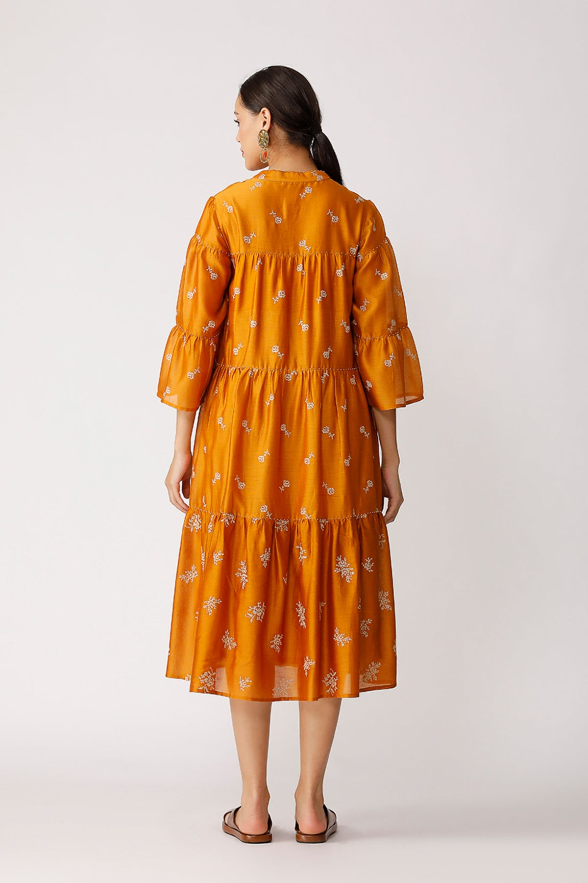 Mustard Twister Embroidered Tiered Dress