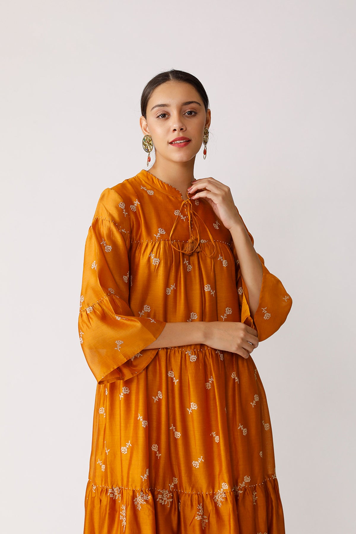 Mustard Twister Embroidered Tiered Dress