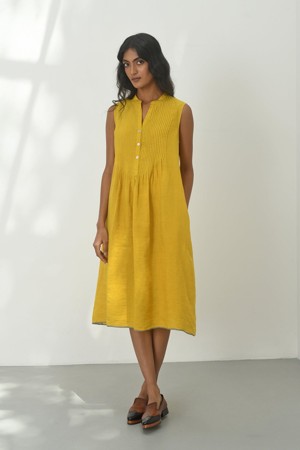 Perugia Pintuck Mustard Yellow Dress