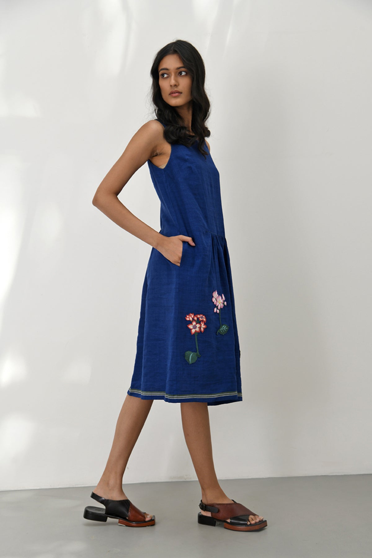 Gathered Dress with Applique Flowers