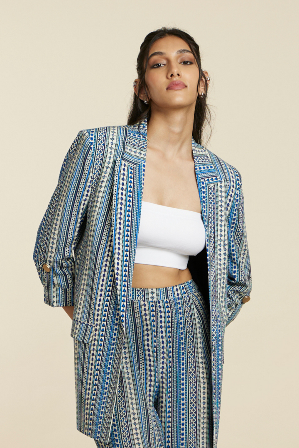 Blue Geo Print Stripe Blazer Set