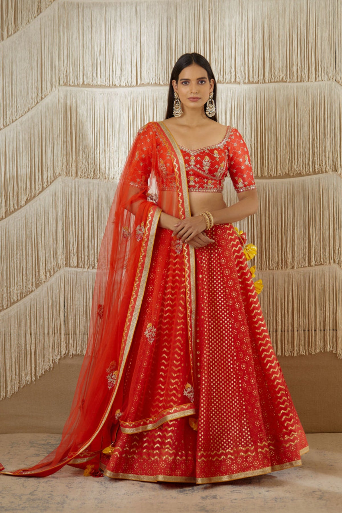 Red zardozi silk lehenga set