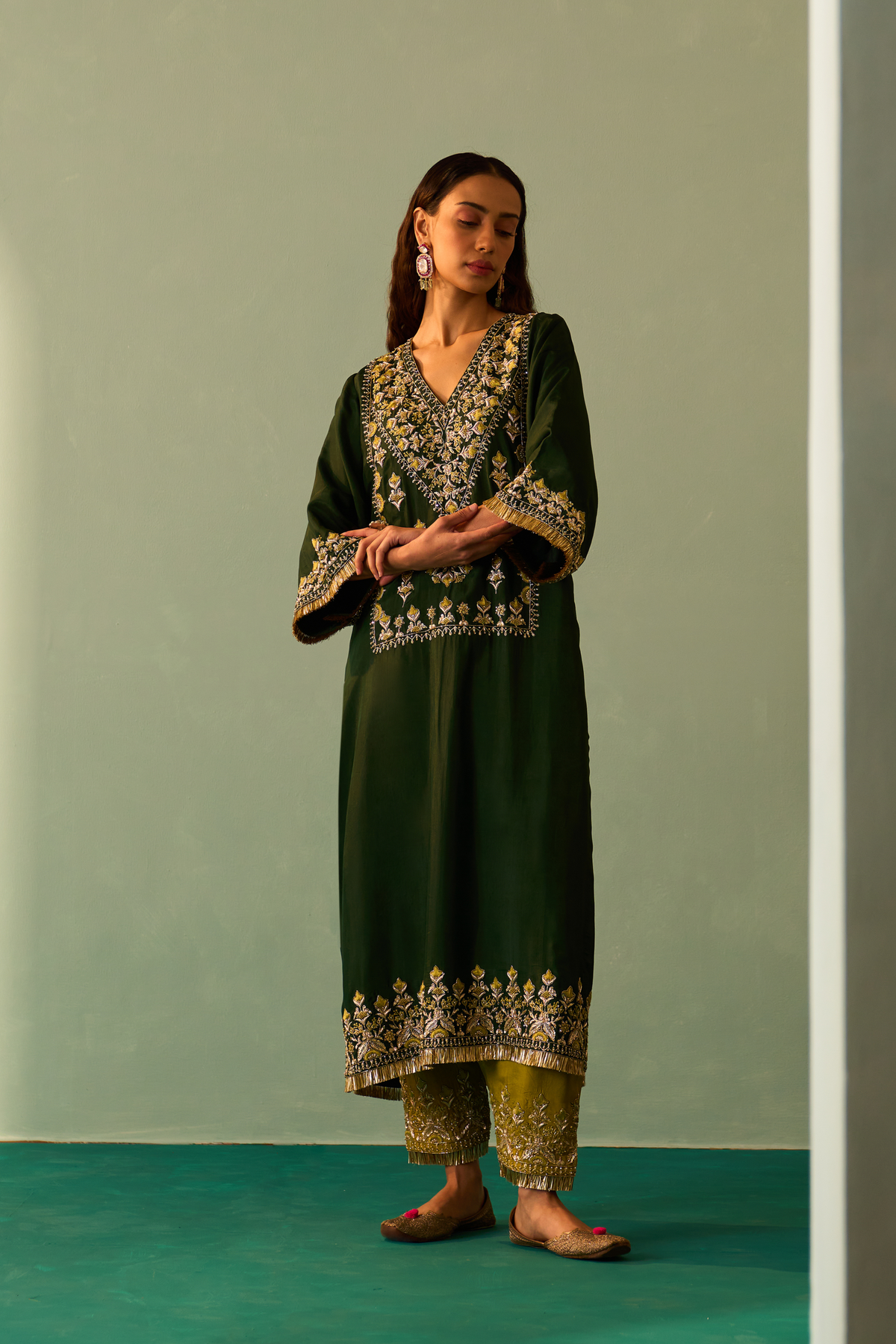 Green Silk Choga Set