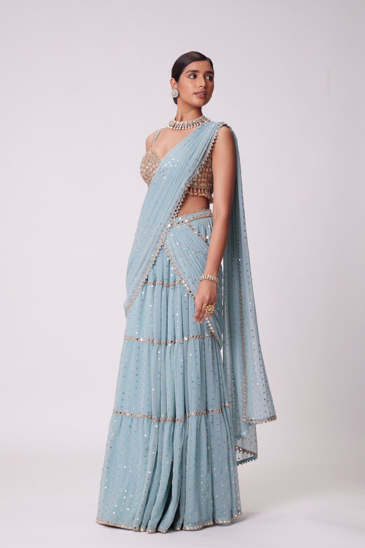 Powder Blue Multitier Saree Set