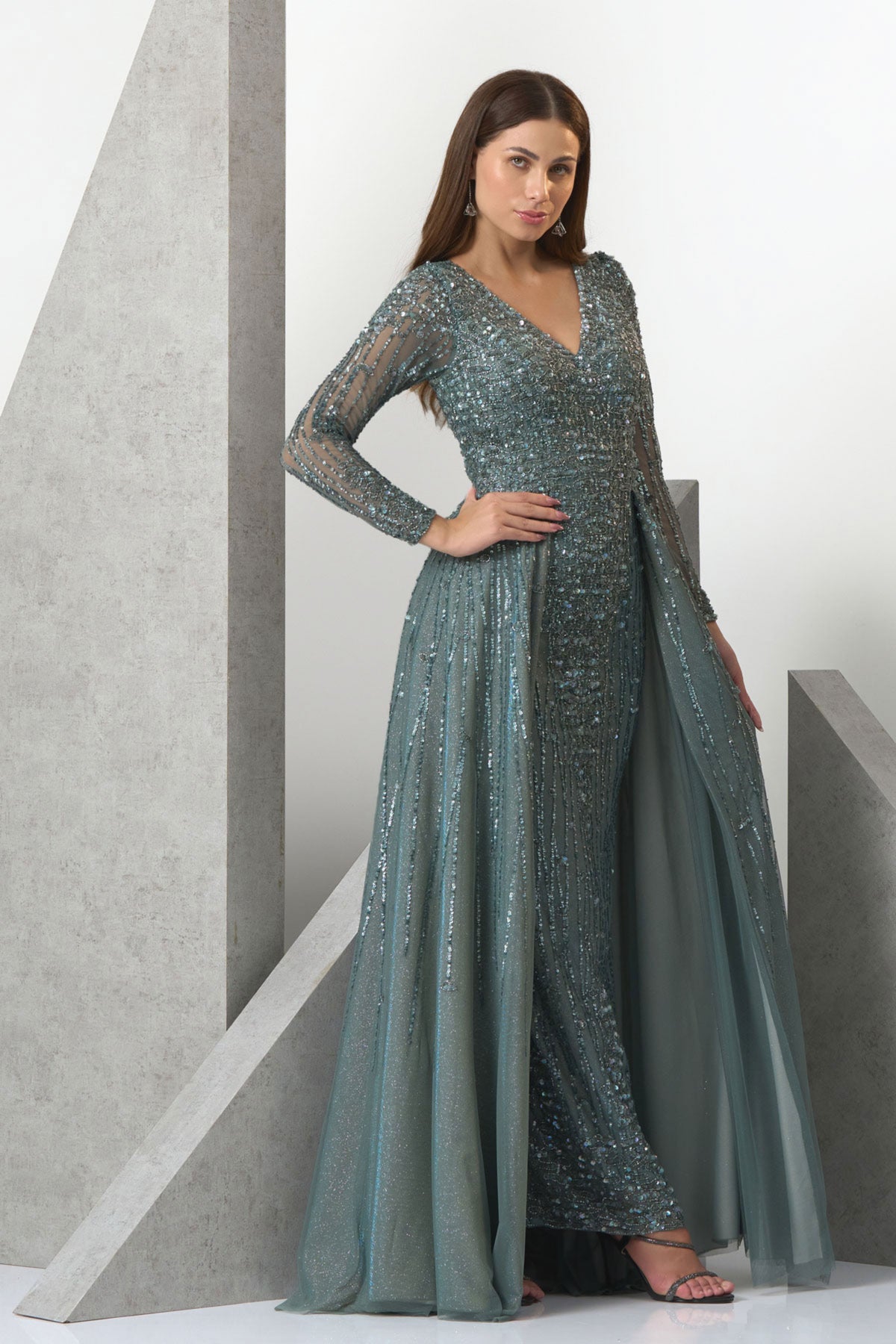 Blue V-neck Princess Evening Gown