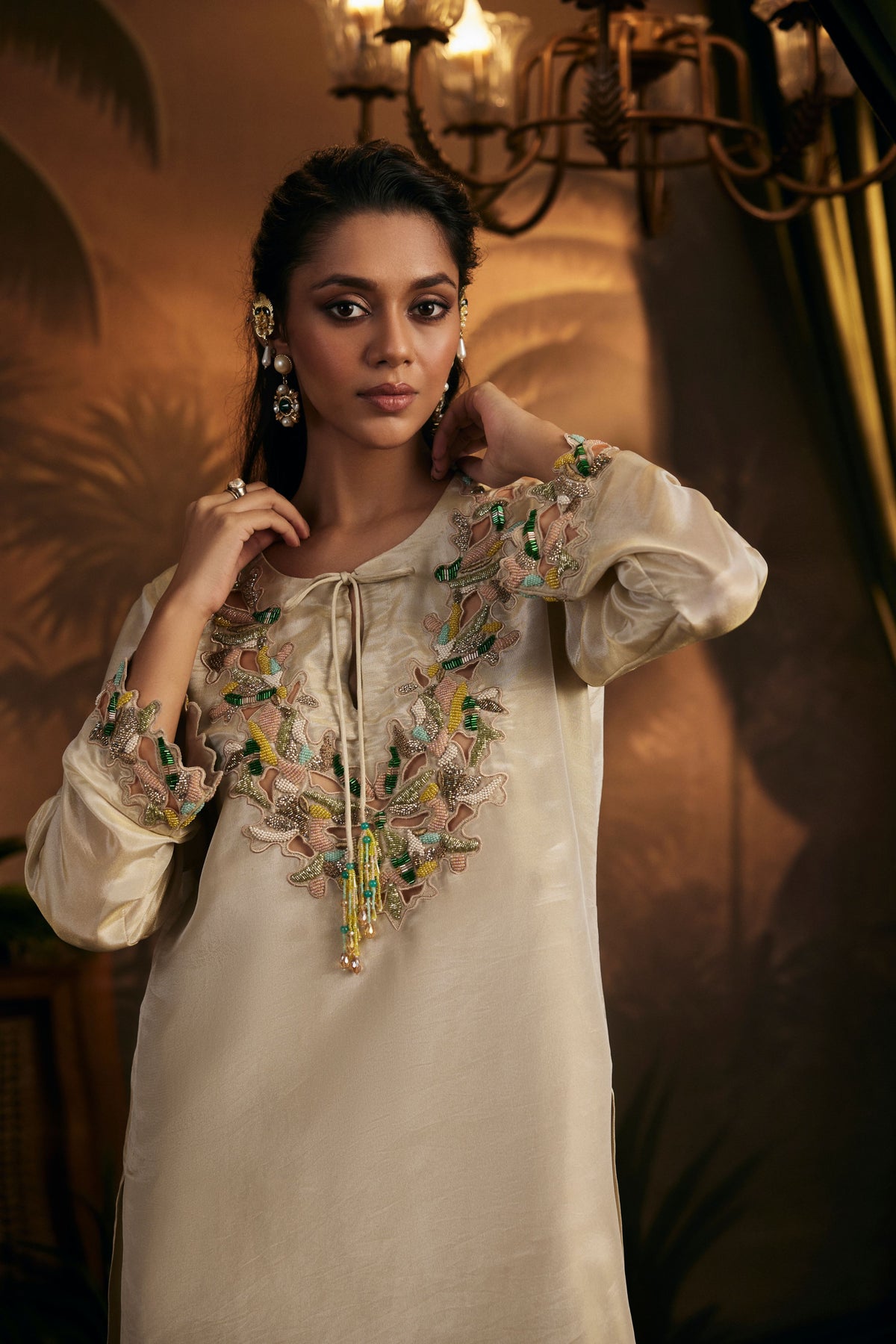 Champagne Gold Embroidered Tunic Set