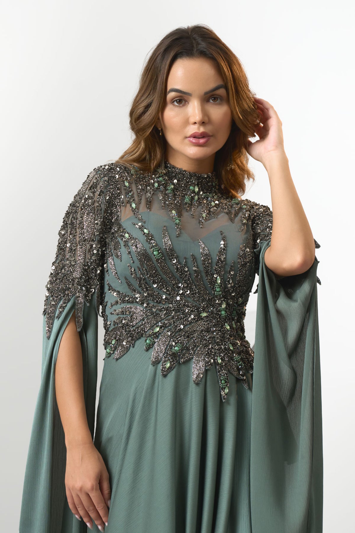 Daniella High Neck Flowy Sleeve Evening Gown