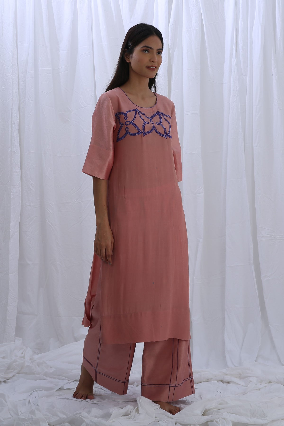 Peachy Pink Pleated Kurta Set with Dupatta