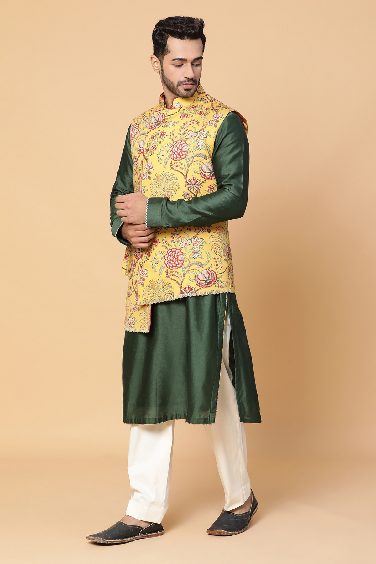 Green floral nehru jacket set