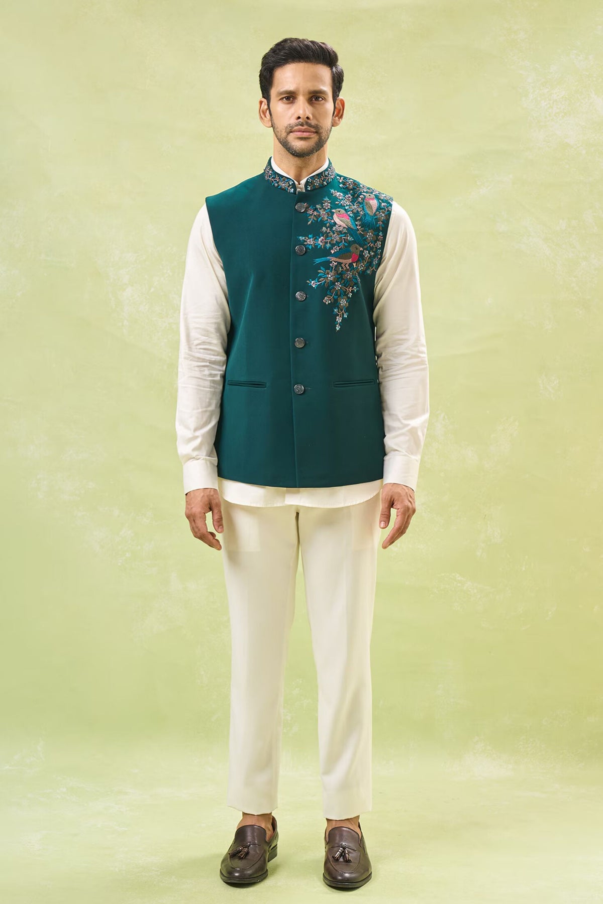 Teal Green Embroidered Nehru Jacket