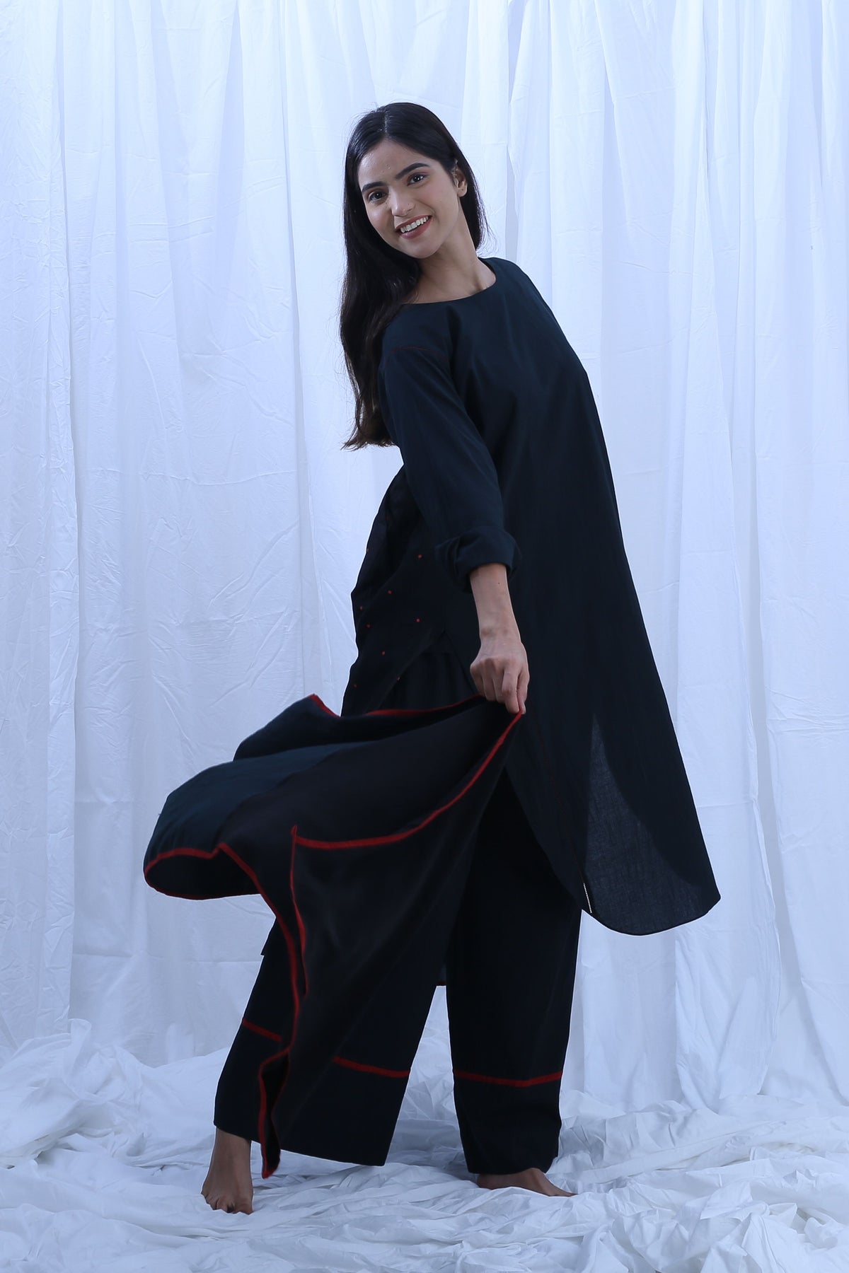 Black Red Dot  Kurta Set With Dupatta