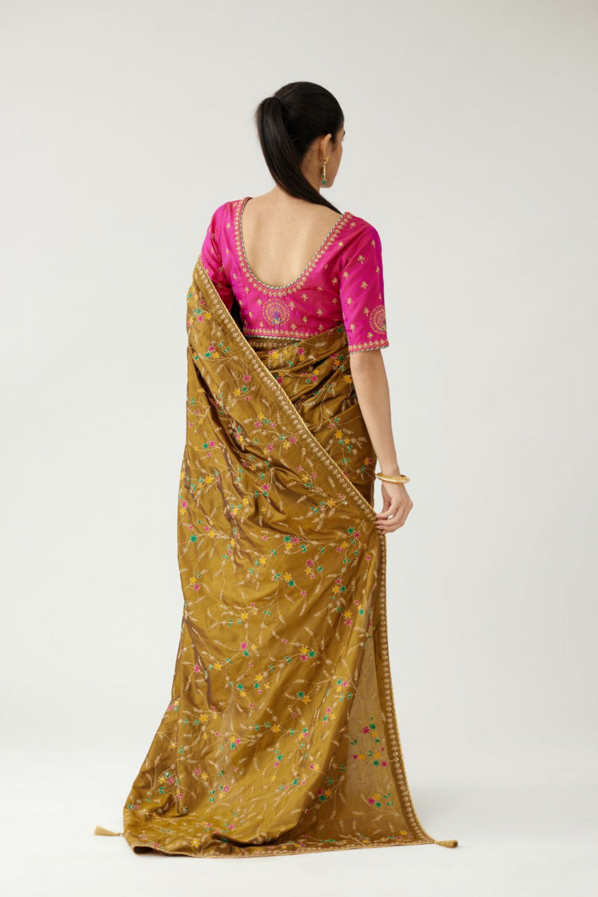 Golden olive silk saree set