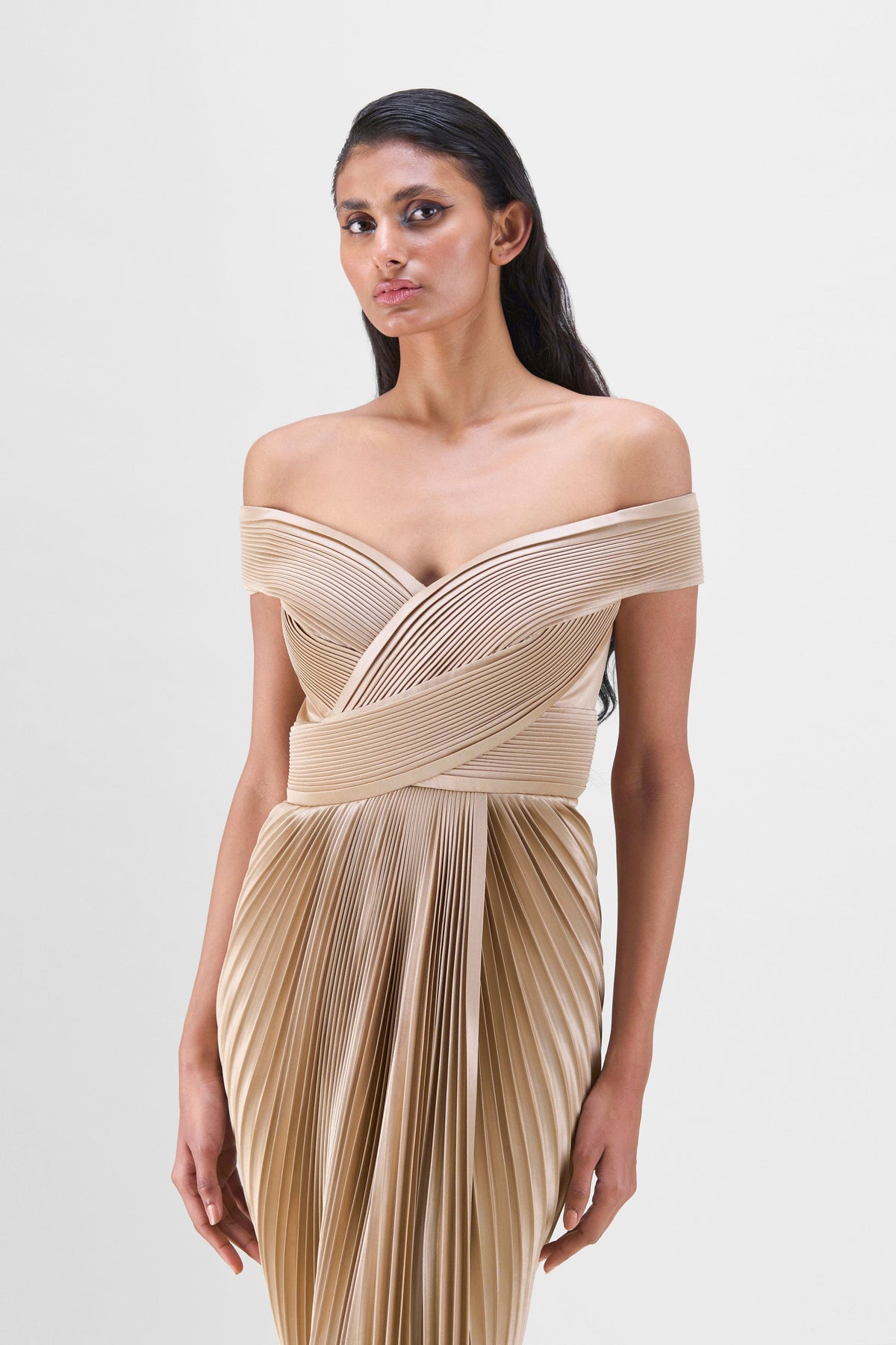 Structured Plisse Gown in Sand