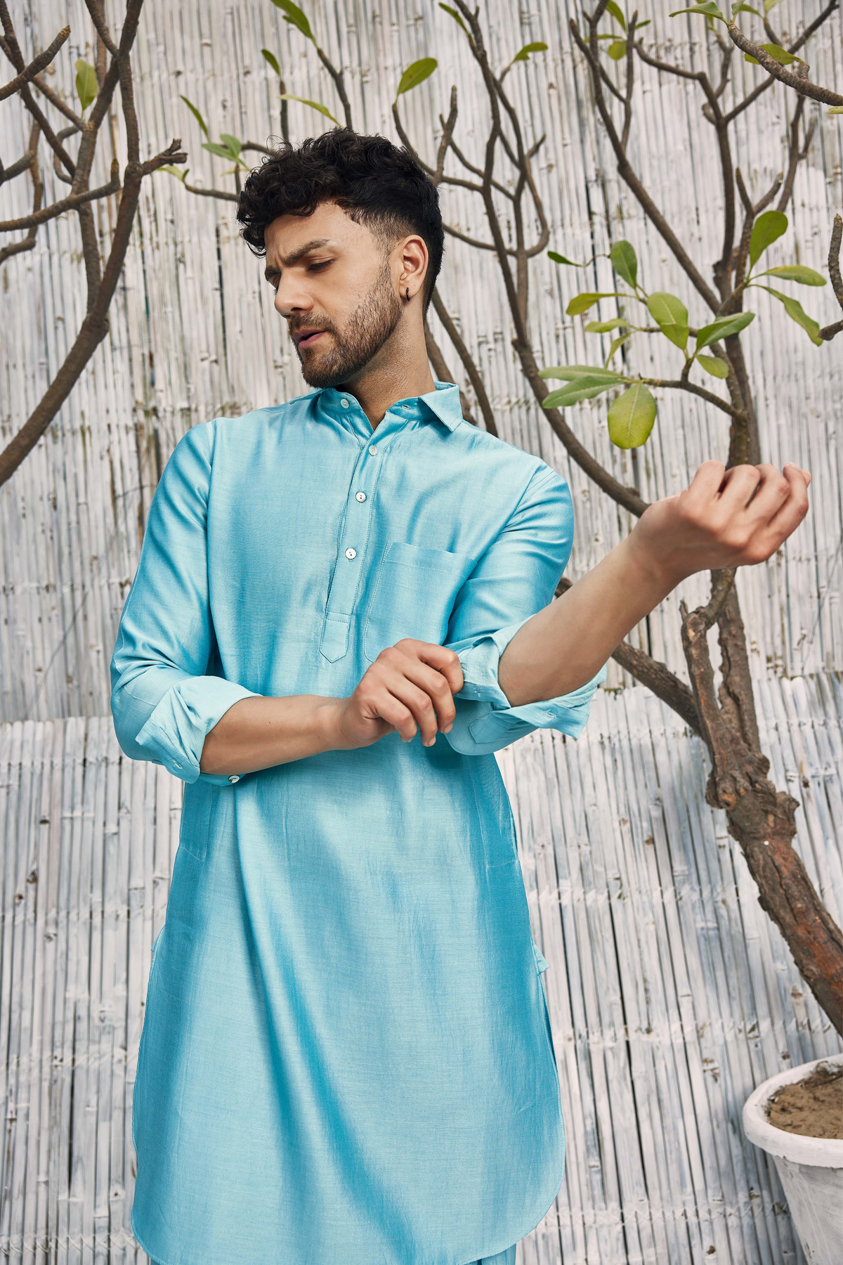 Chanderi Blue Pathani Kurta Set