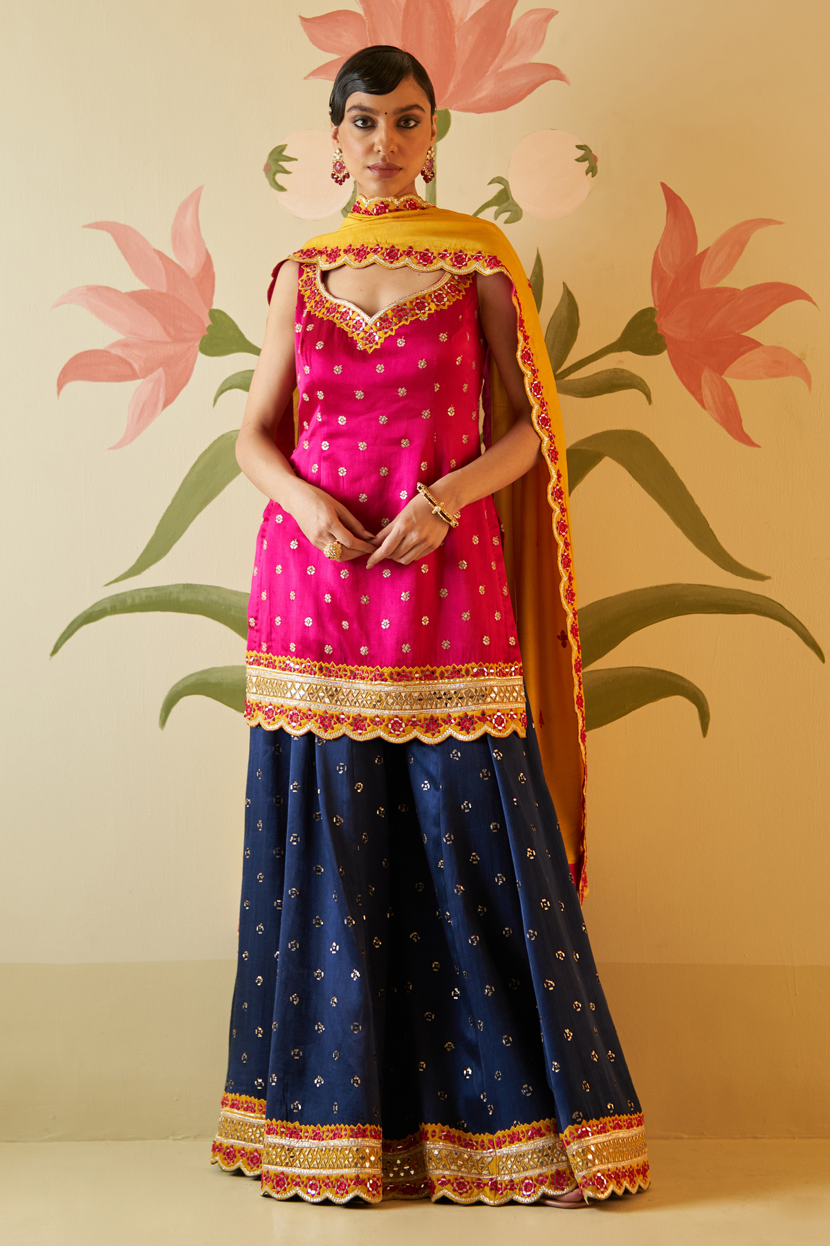 Navy Blue Satin Sharara Set