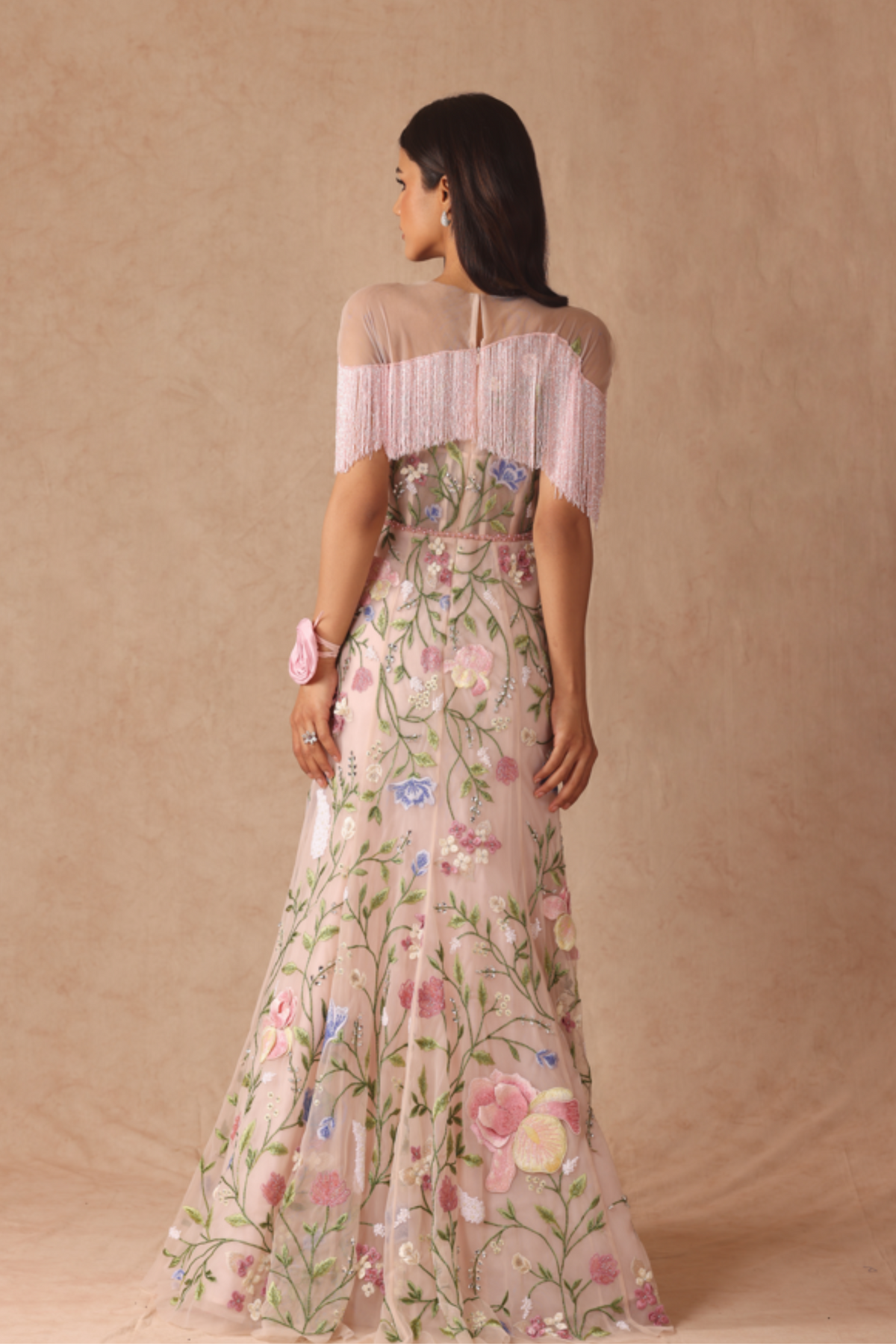 Floral Bridal Fringe Gown With Belt