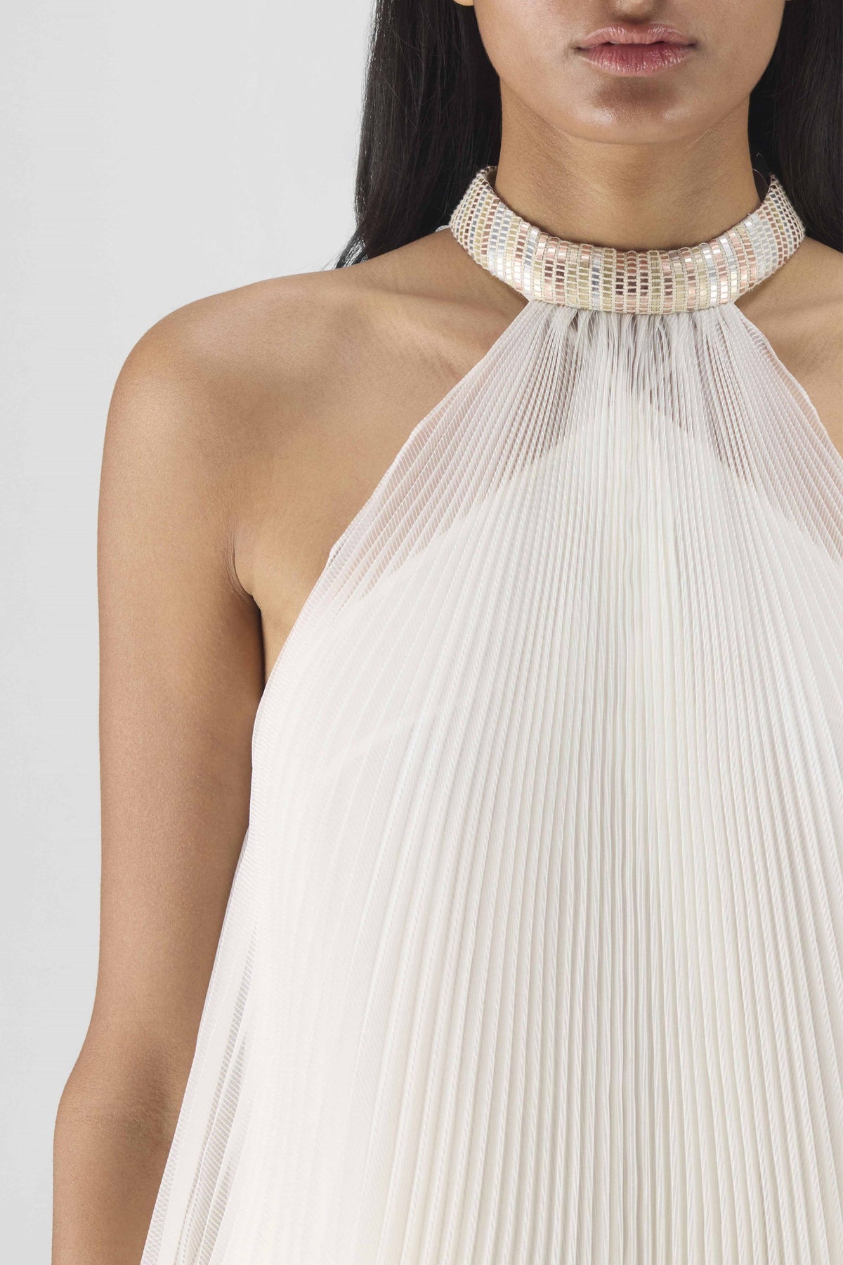 Pearl Pleated Halter Gown