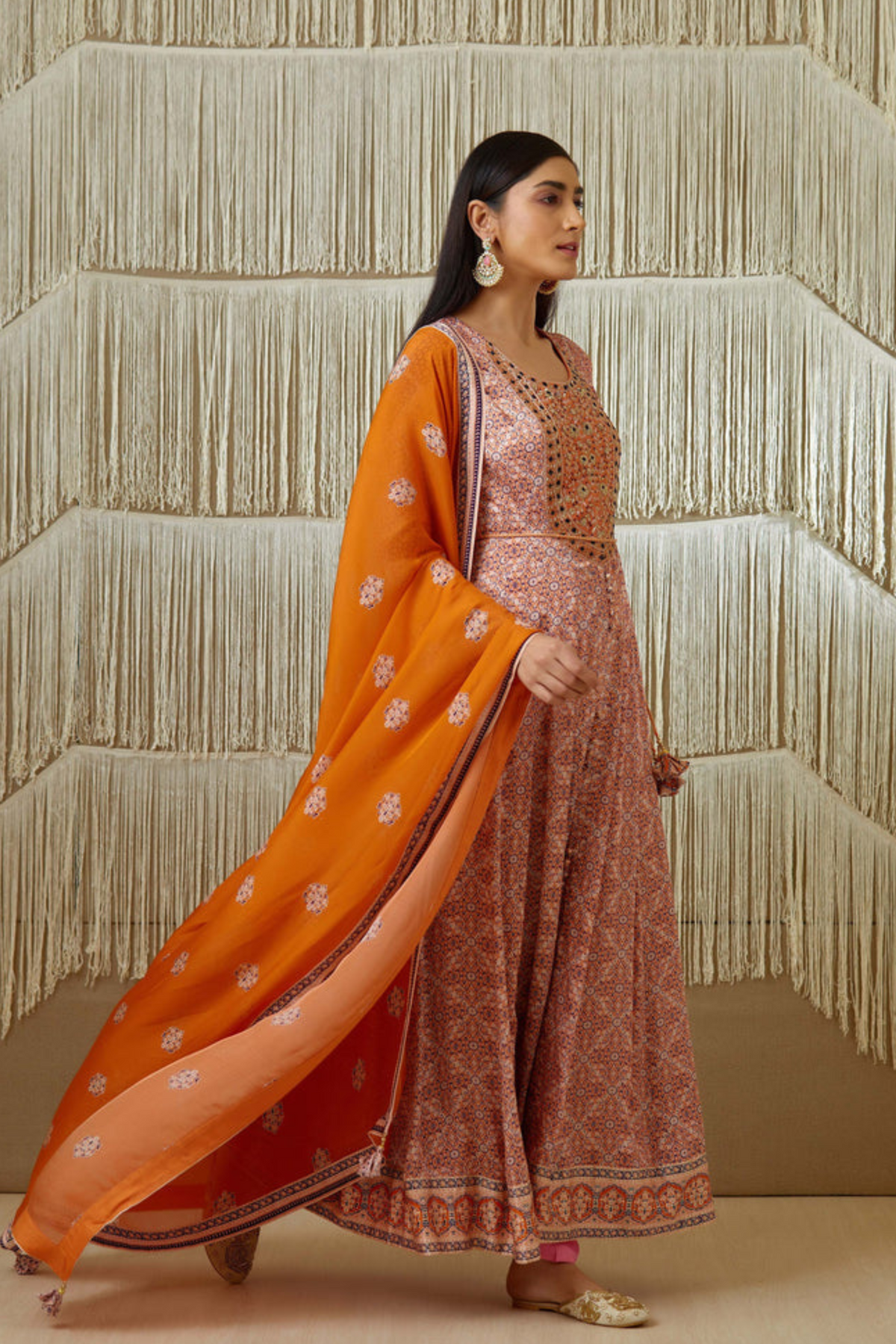 Pink and rust anarkali set