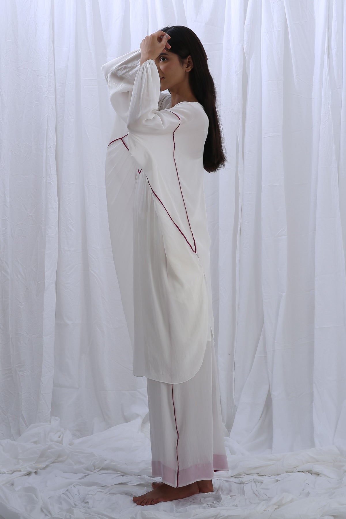 Bright White Pink Piping Kaftan Set