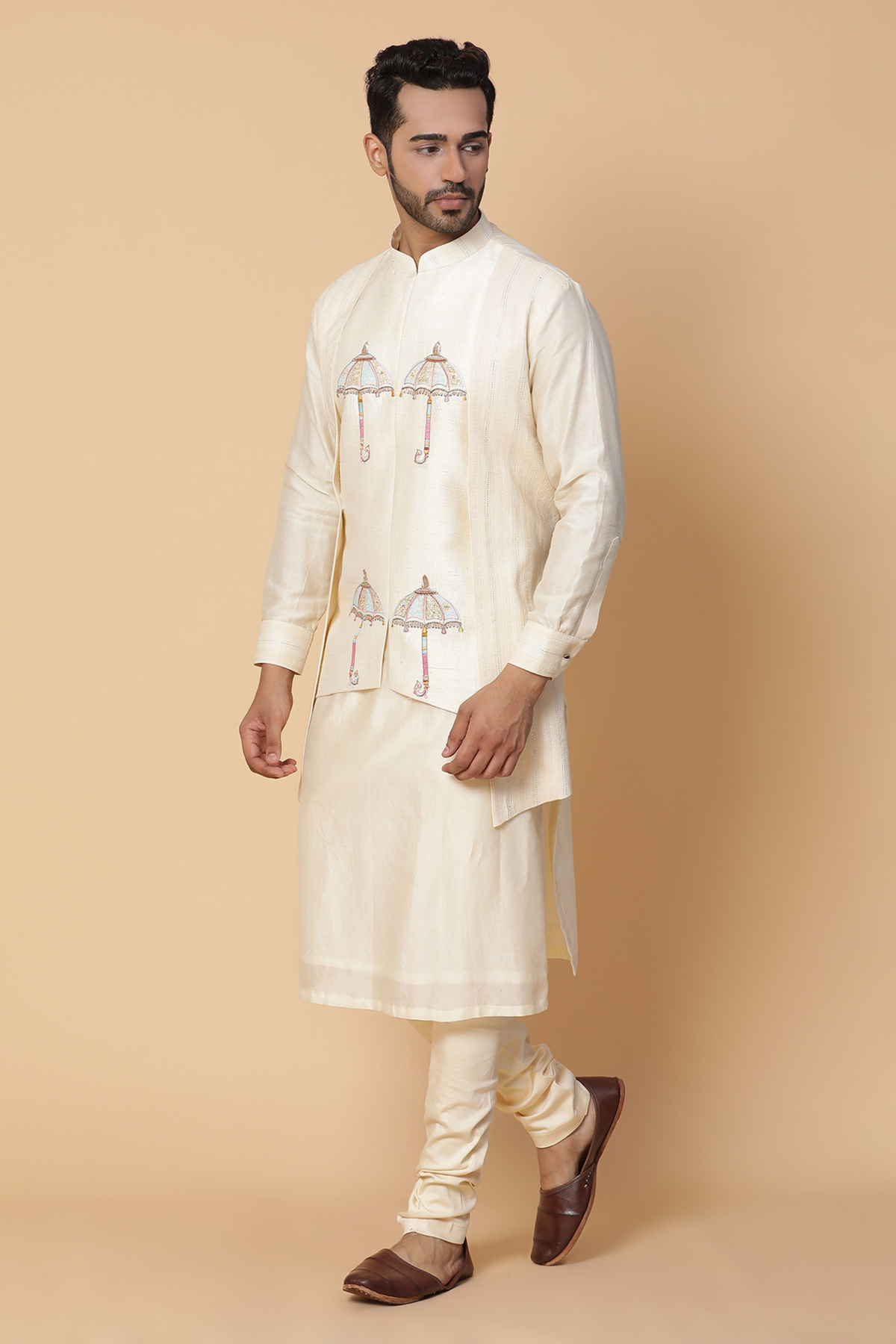 Off white umbrella kurta with churidar