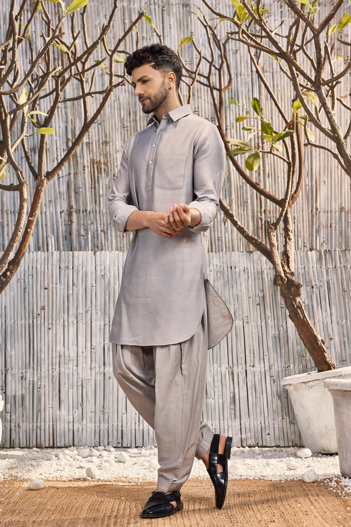 Chanderi Grey Pathani Kurta Set