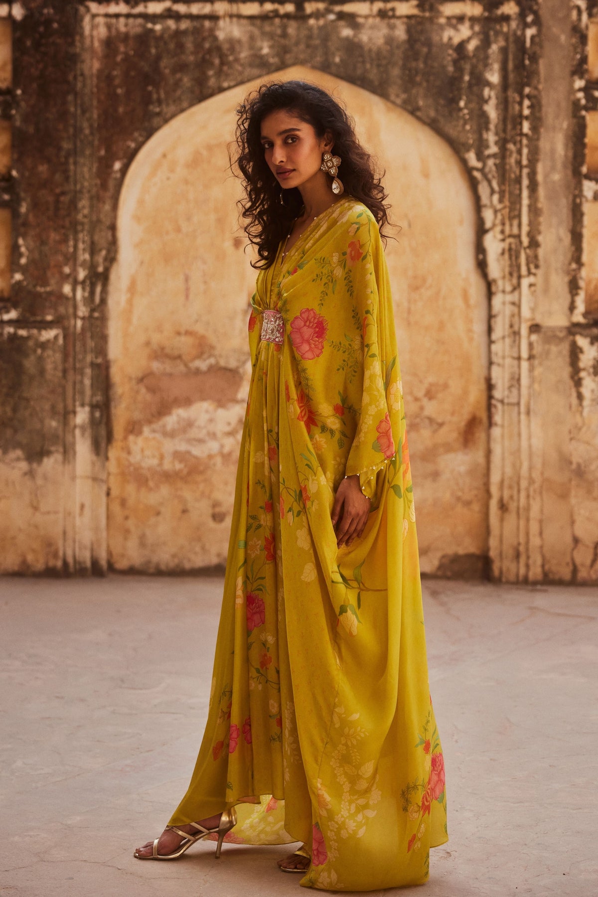 Printed Lime Yellow Kaftan Set