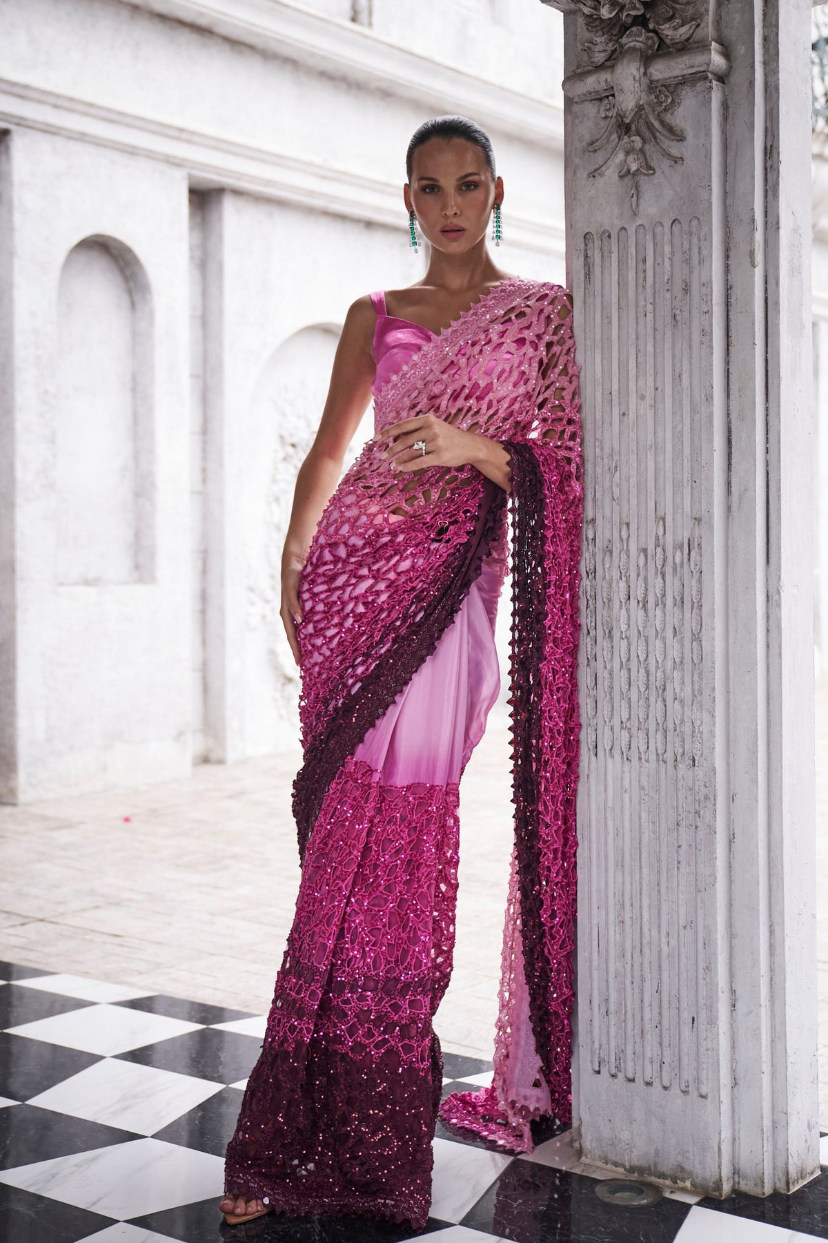 Pink to Wine Saree Set