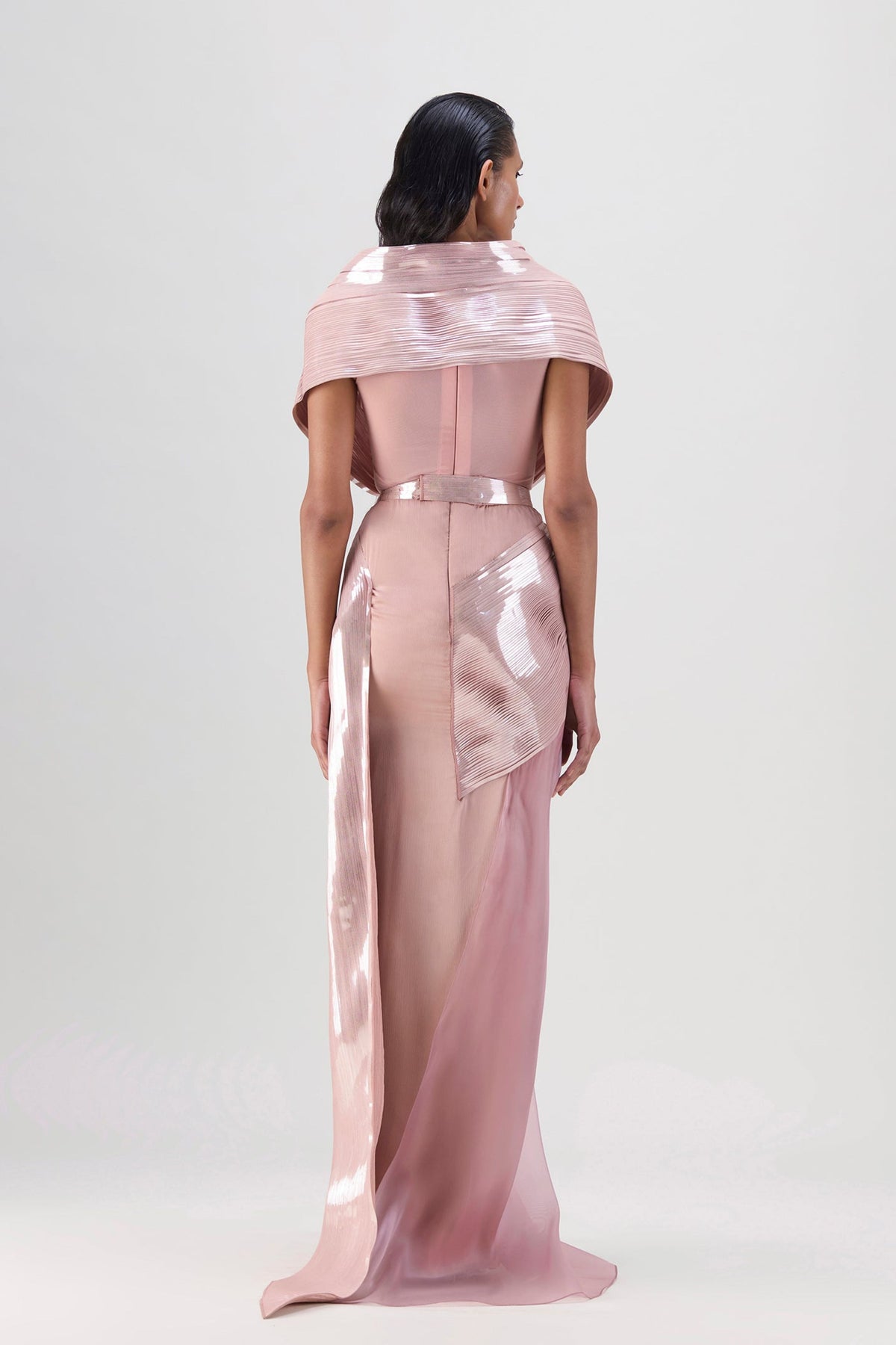 Metallic Rose Micro Pleated Gown