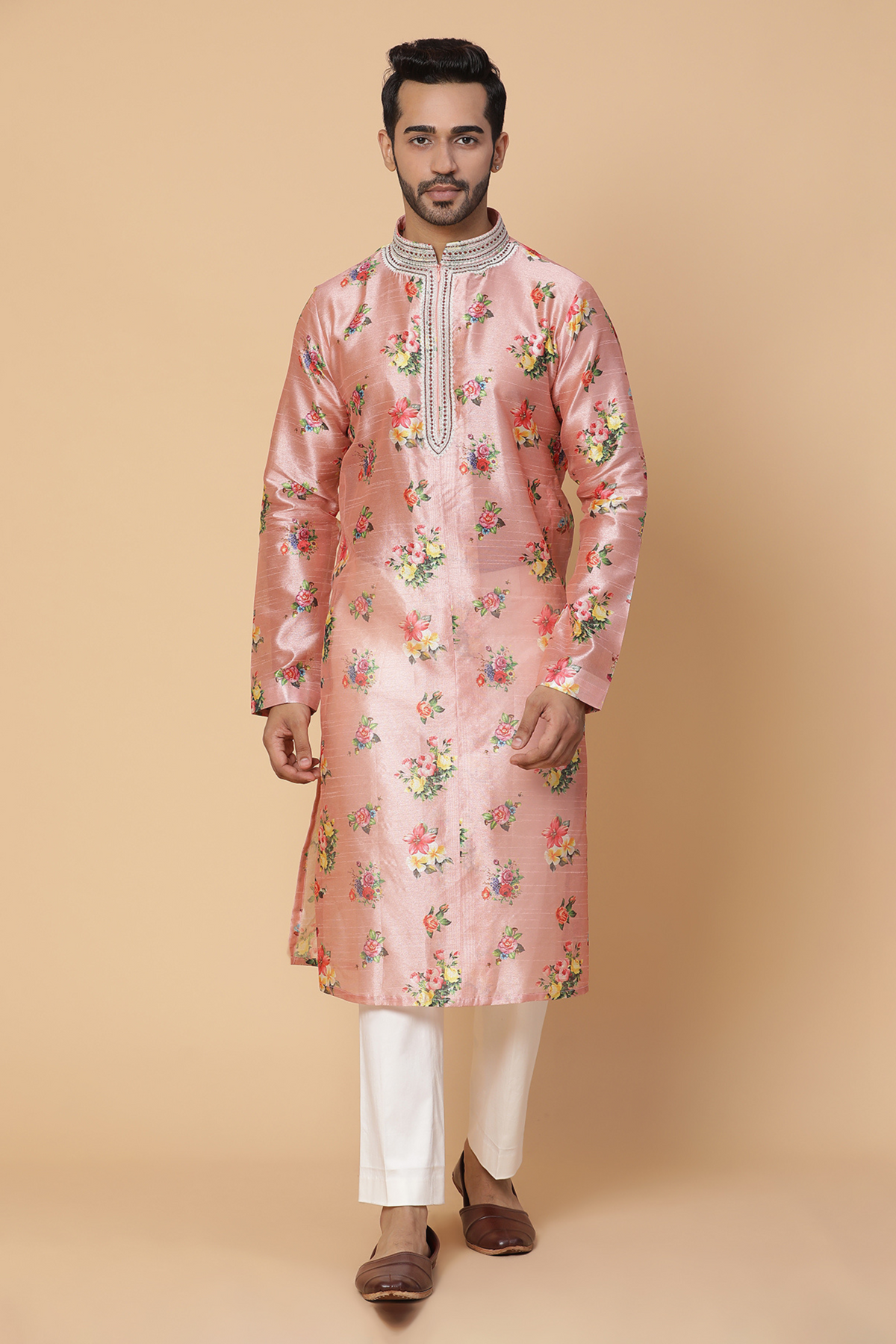 Pink floral silk kurta