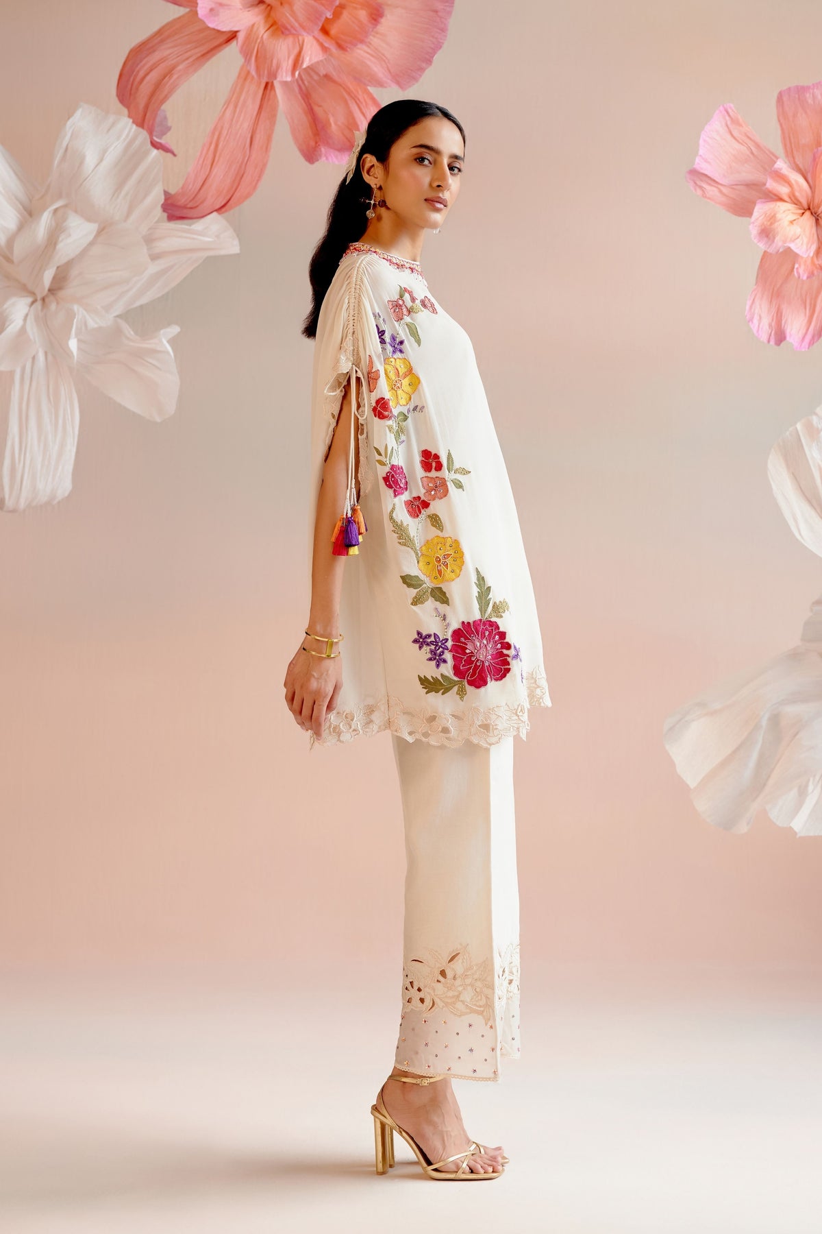 Ivory Floral Embroidered Kaftan Set