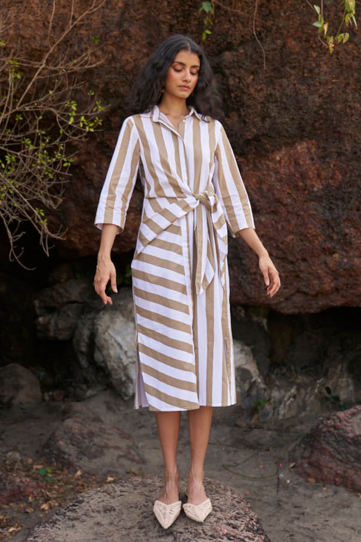 Side Tie Striped Shirt Dress