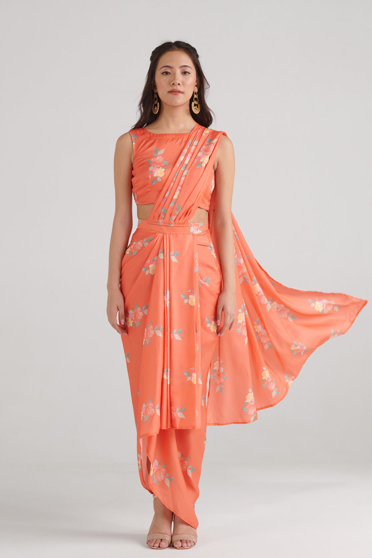 Bright Orange Slit Saree Set