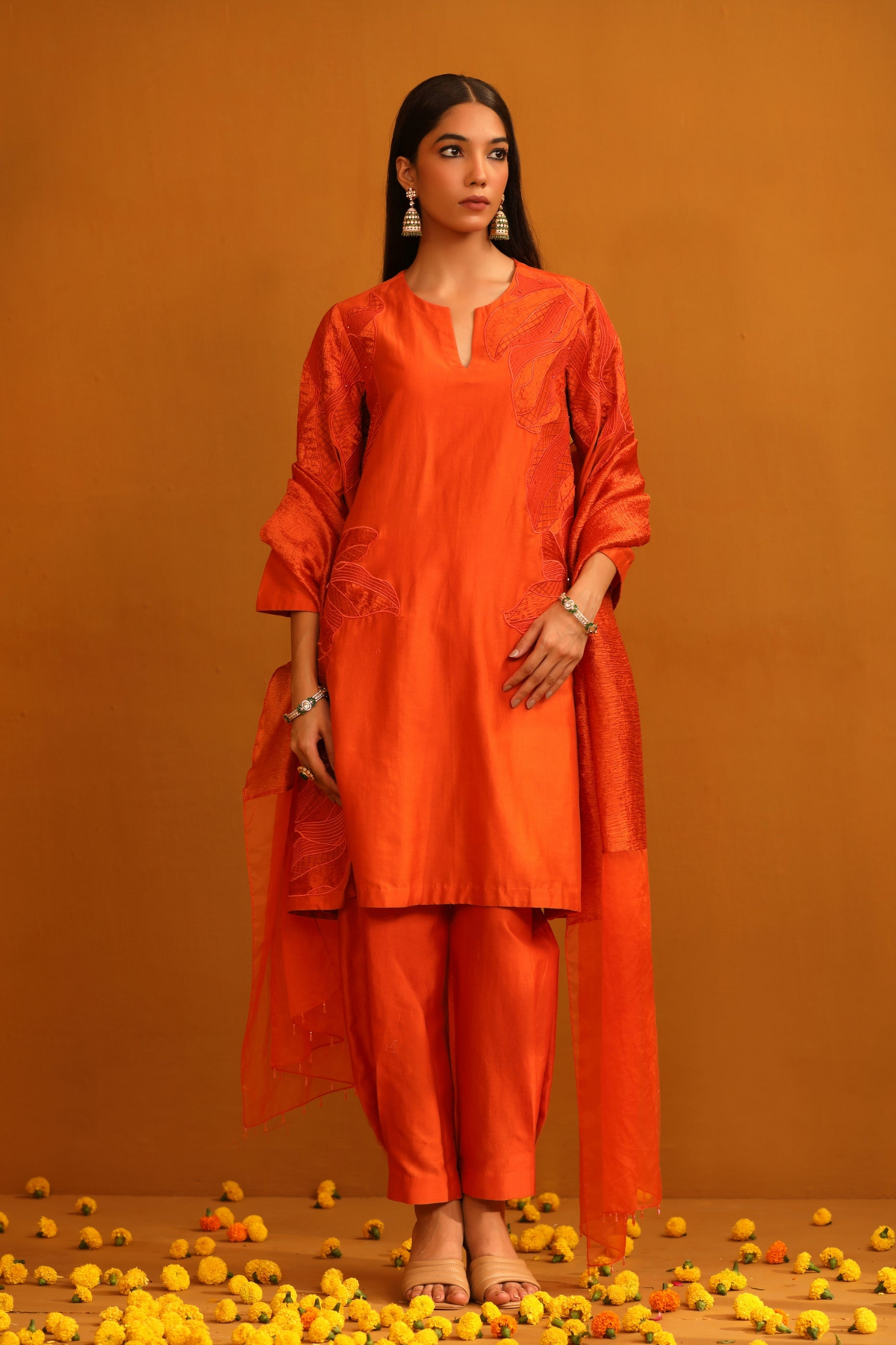 Huma Applique Orange Suit Set