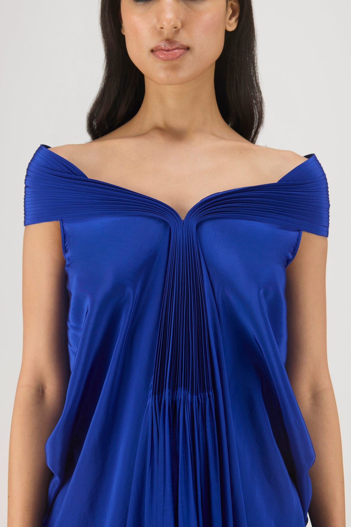 Blue Pleated Cowl Gown