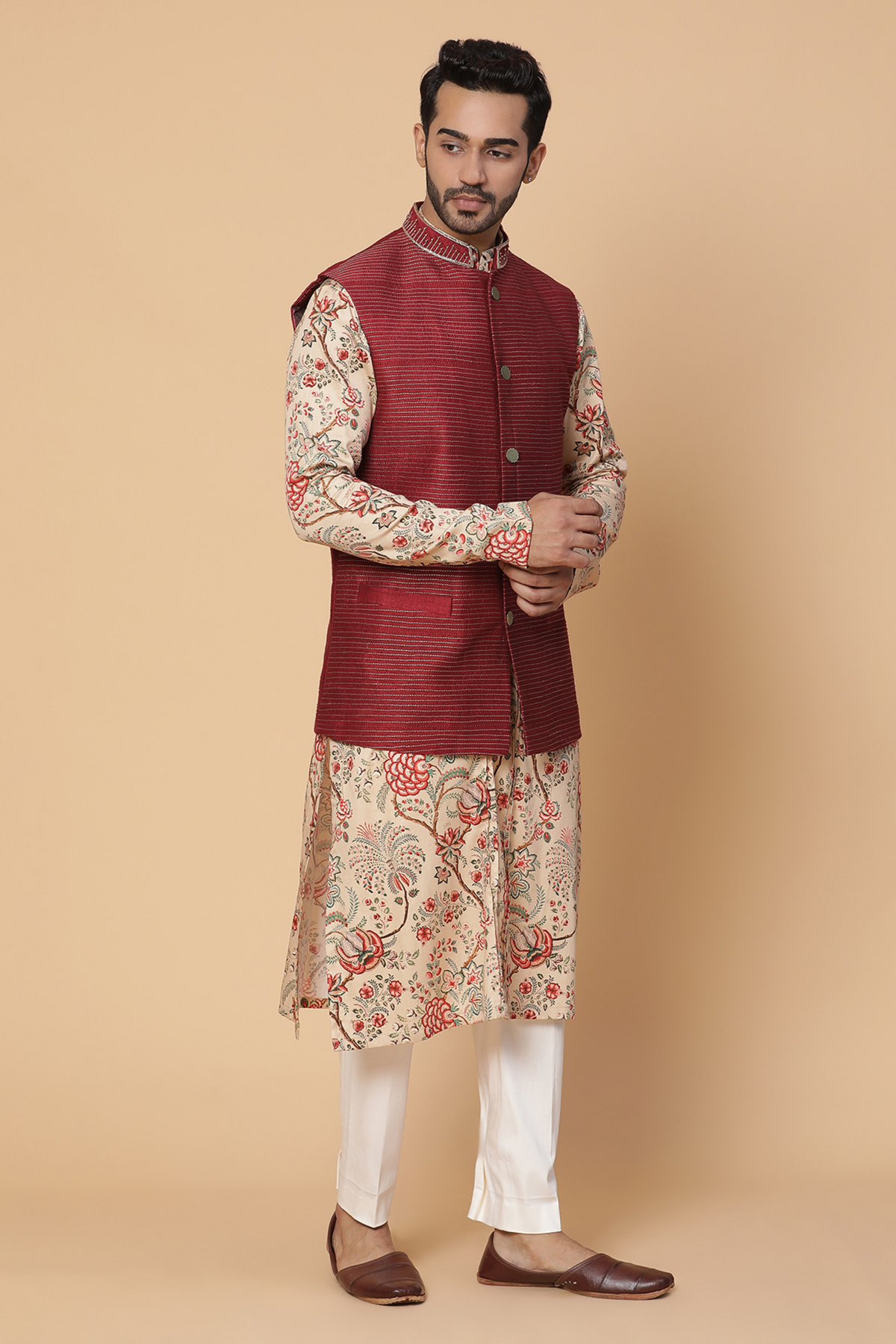 Beige printed kurta with nehru jacket