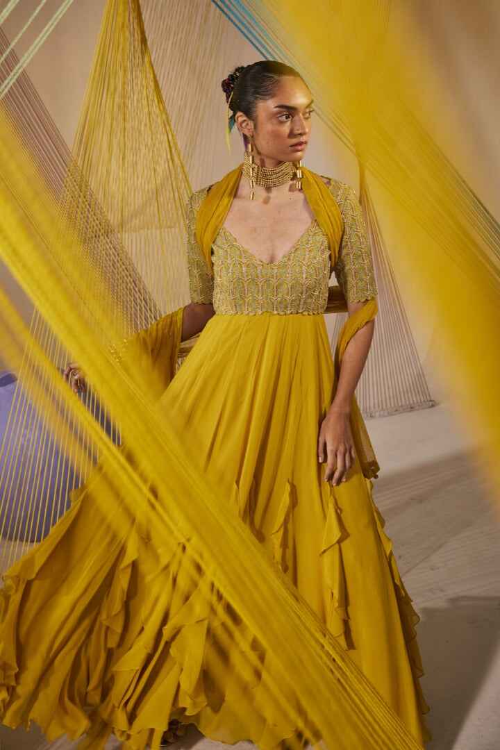 Mustard Yellow Aina Anarkali Set