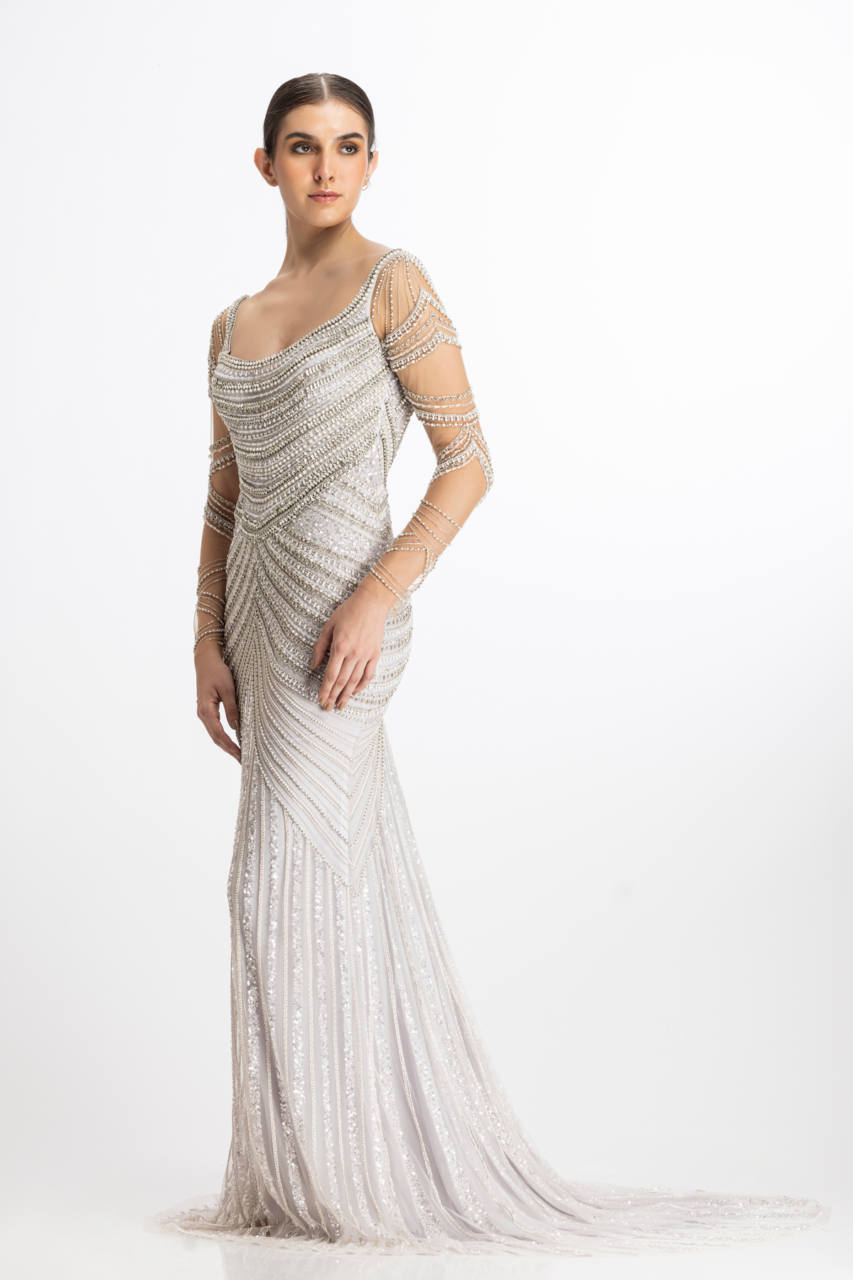 Silver lilac pearl finish gown