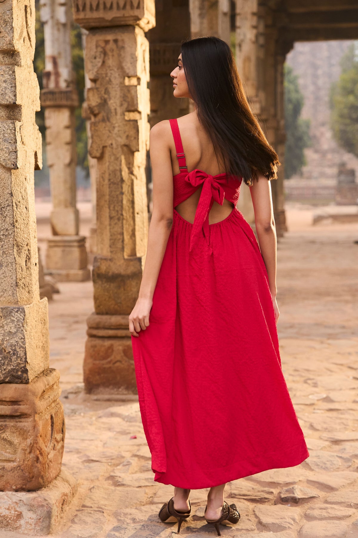 Red Textured Midi Dress