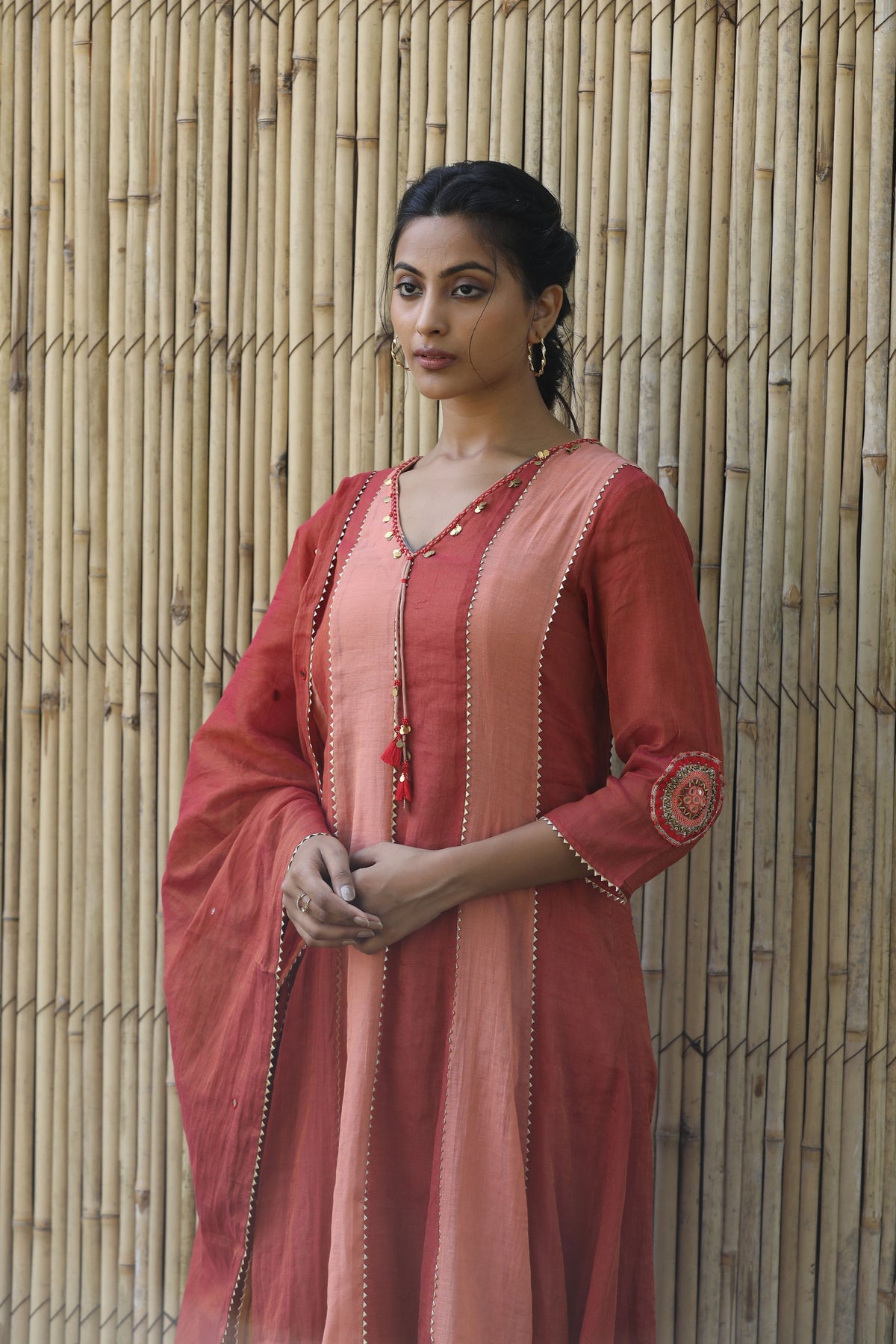 Red And Peach Kurta Set